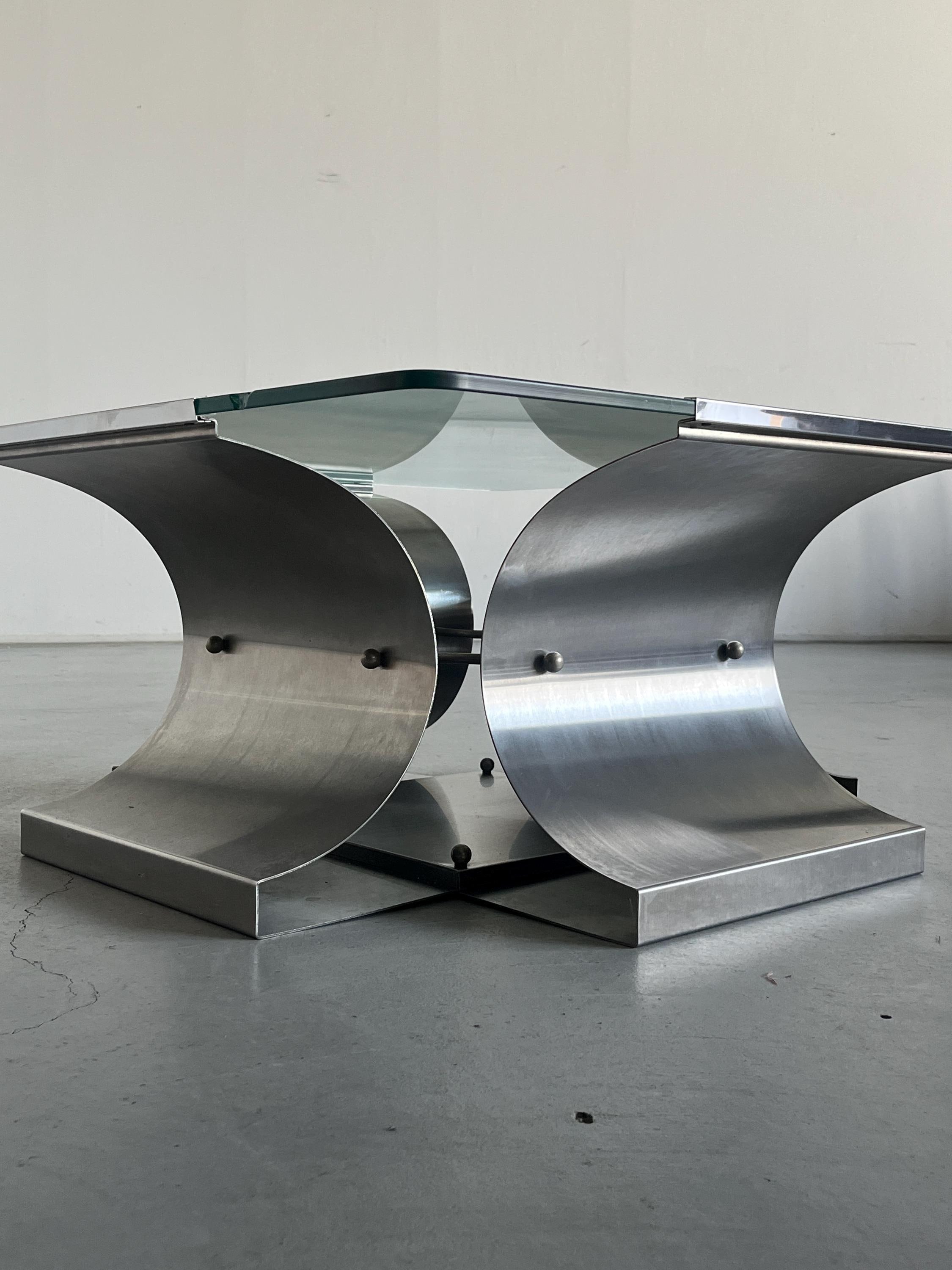 Coffee Table By Francois Monnet for Kappa, Curved Brushed Steel and Glass