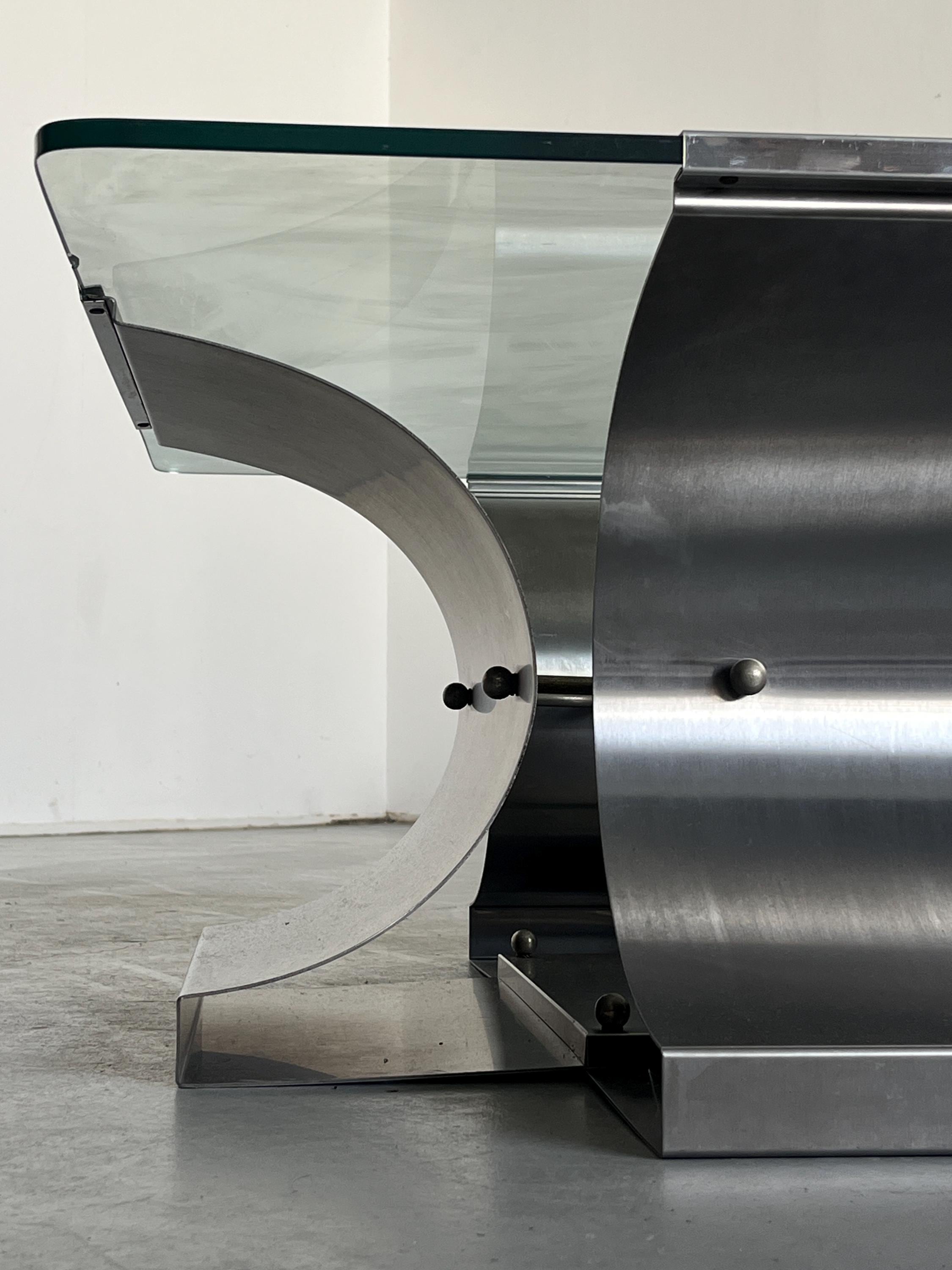 Coffee Table By Francois Monnet for Kappa, Curved Brushed Steel and Glass