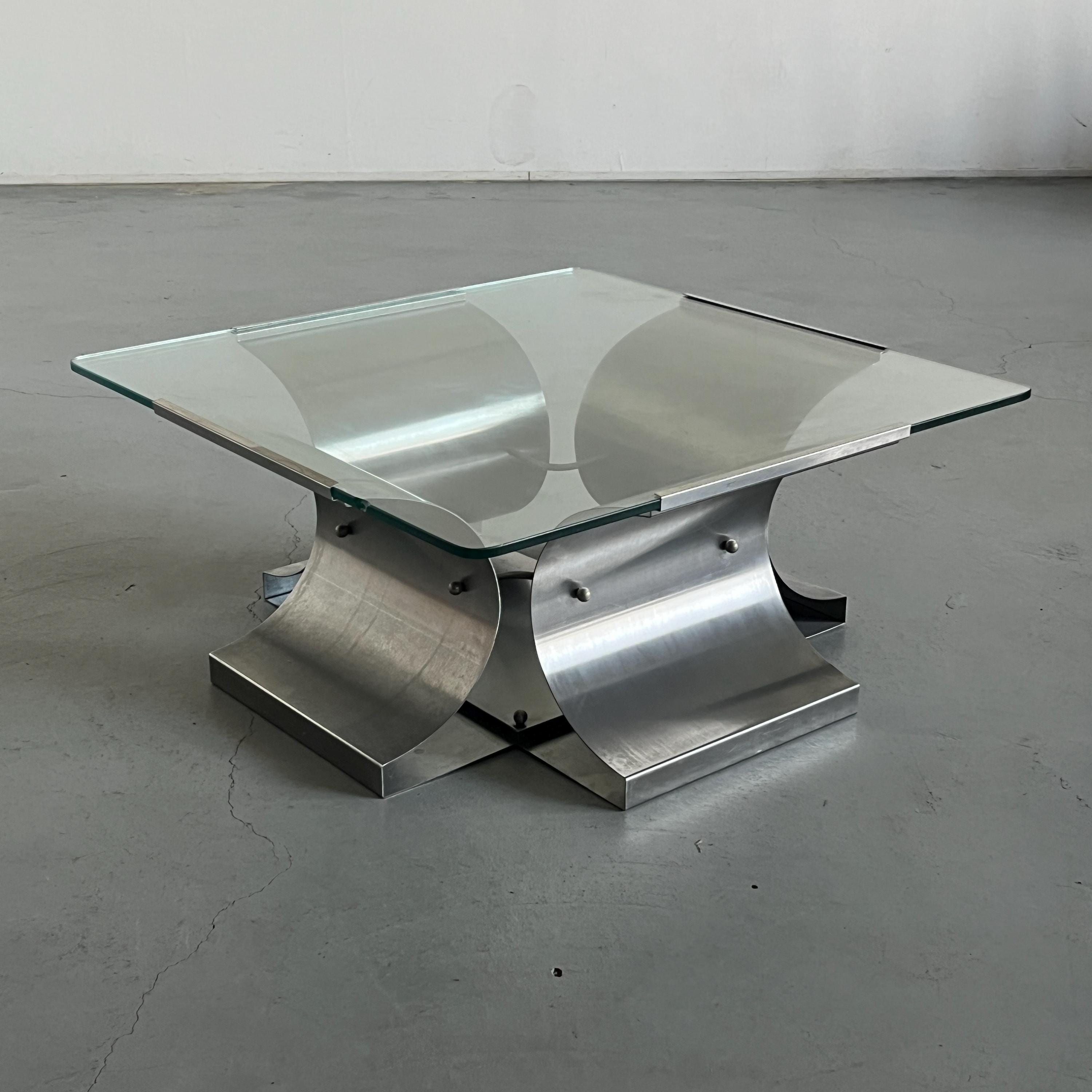 Coffee Table By Francois Monnet for Kappa, Curved Brushed Steel and Glass