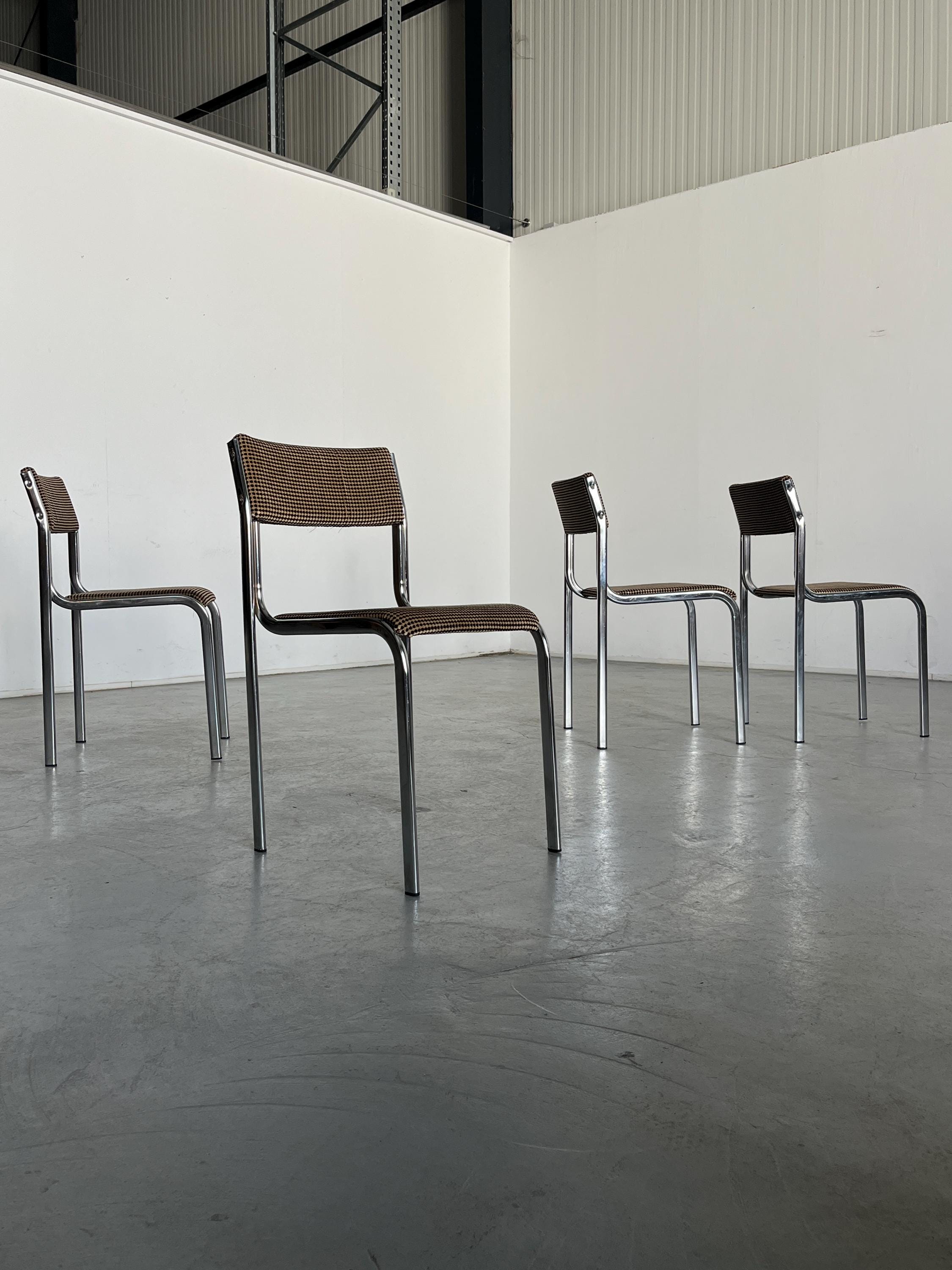 Curved Chairs in Dotted Black & Brown Fabric Upholstery