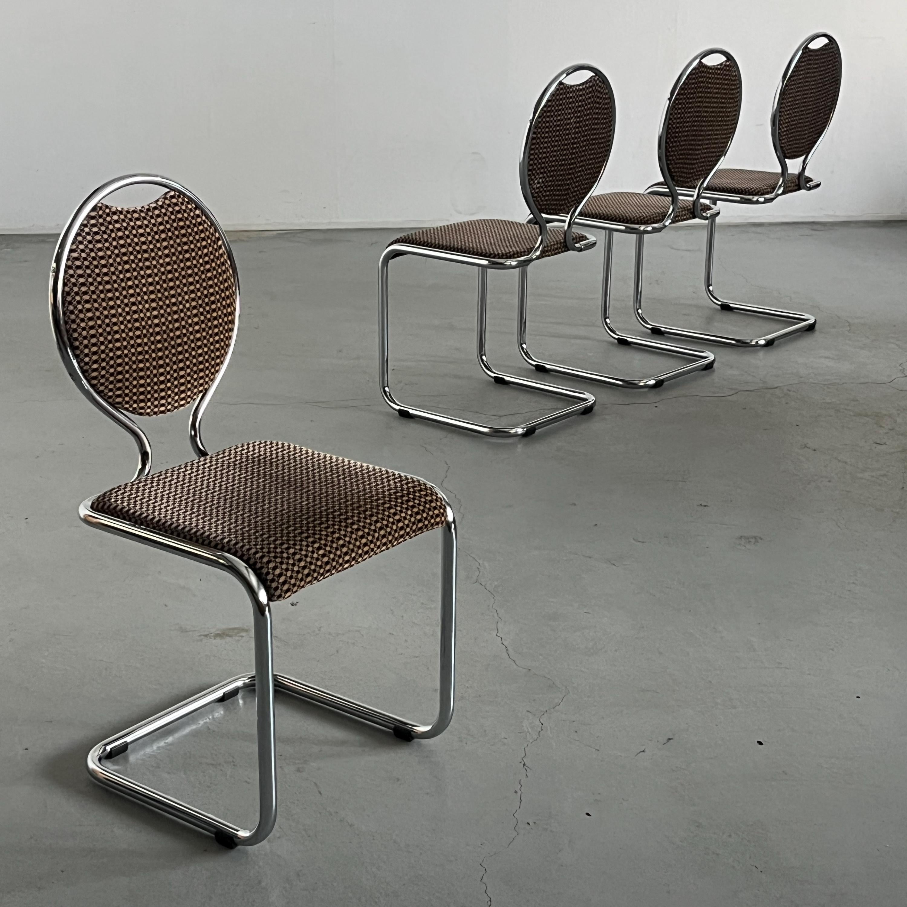 Cantilever Dining Chairs with Circular Backrests in Patterned Upholstery