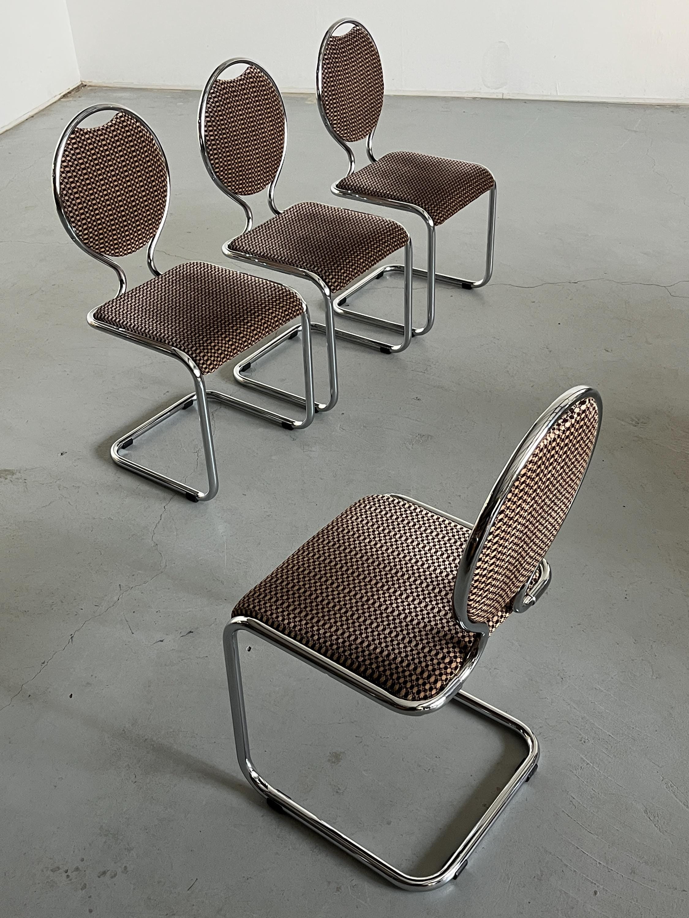 Cantilever Dining Chairs with Circular Backrests in Patterned Upholstery