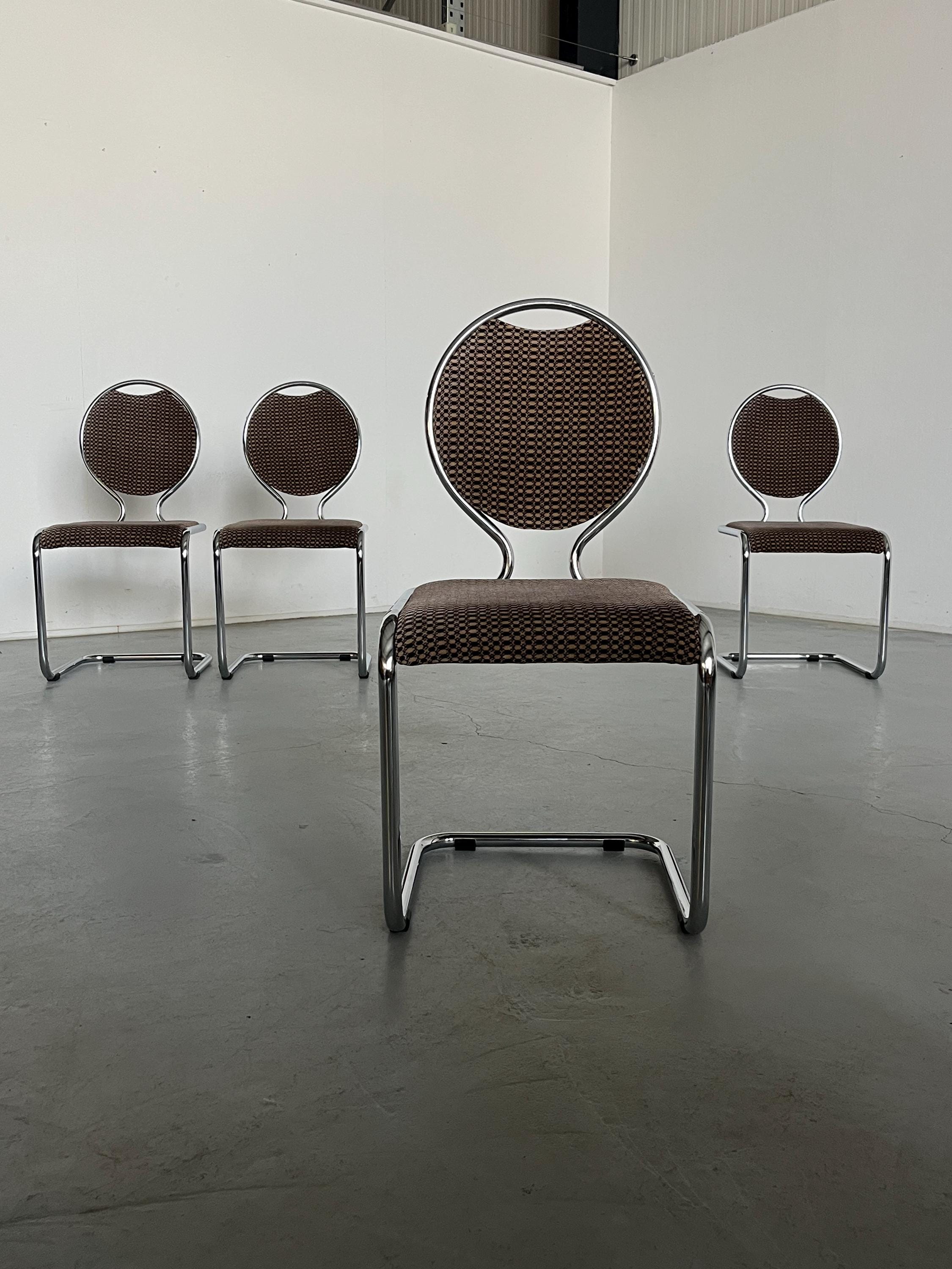 Cantilever Dining Chairs with Circular Backrests in Patterned Upholstery