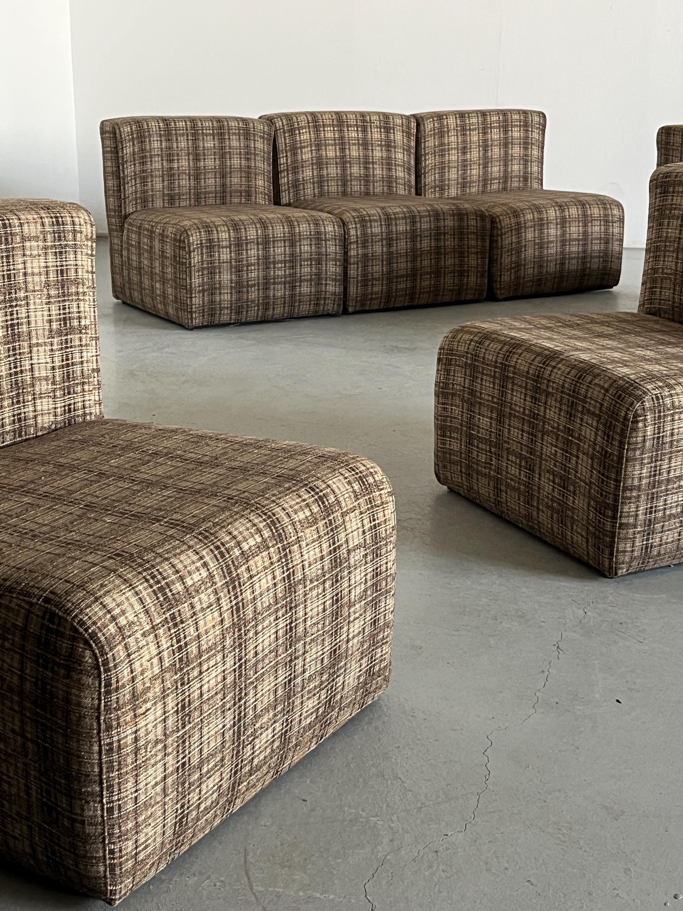 Seven-Piece Modular Seating Set by Loschi & Malavasi in Brown Plaid Fabric Upholstery