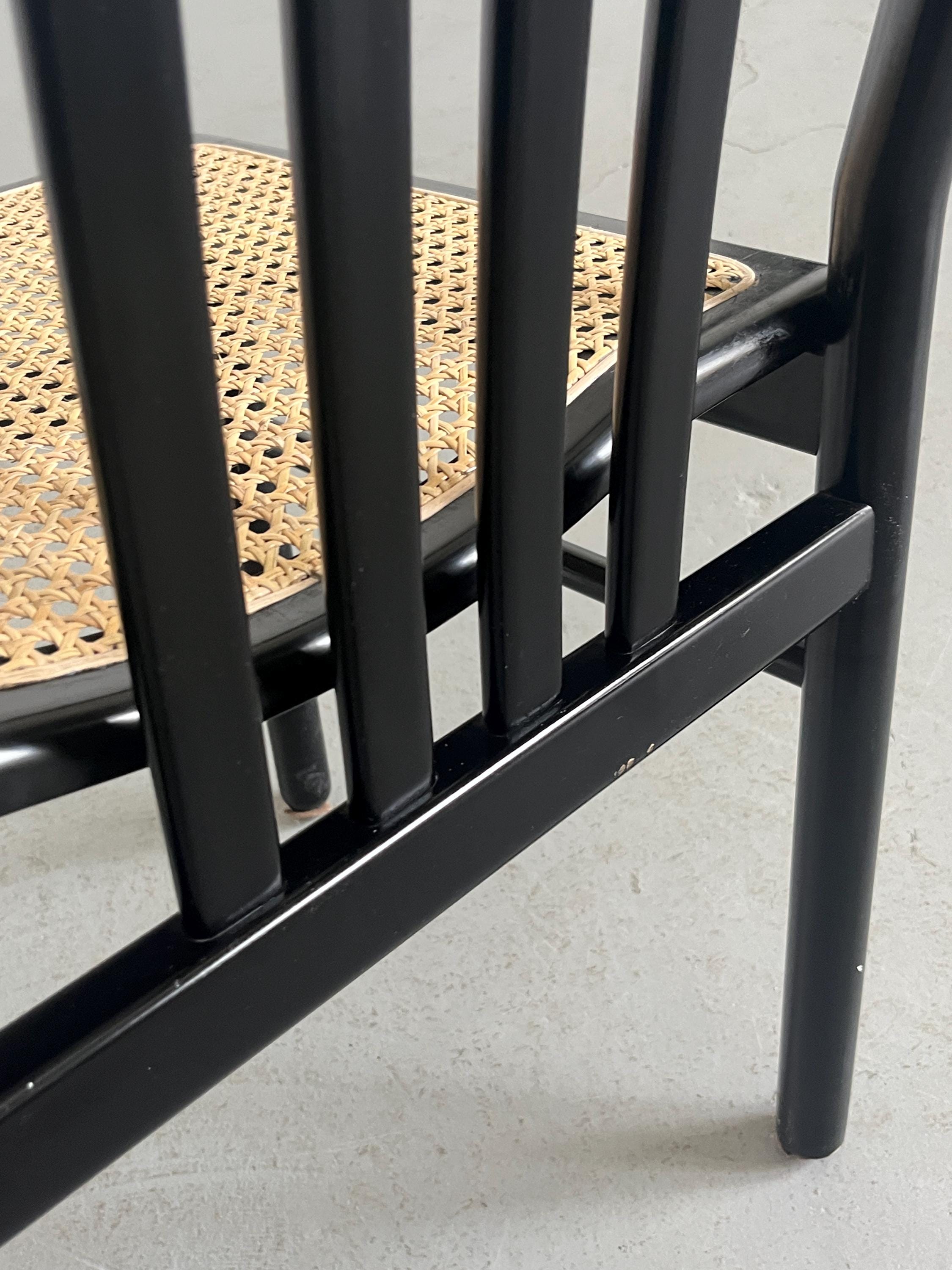 Black Lacquered Wood and Cane Dining Chairs in the Style of Annig Sarian