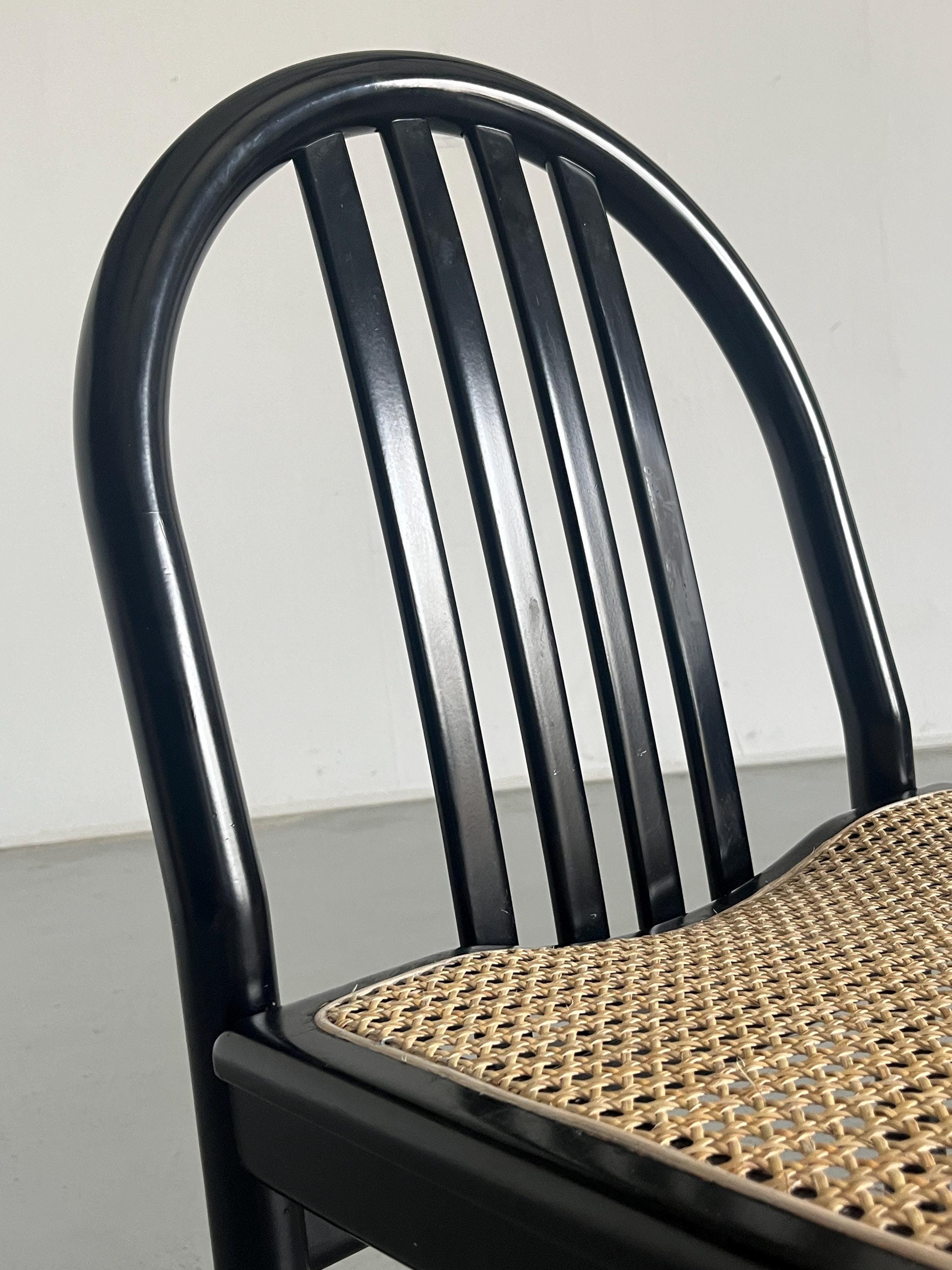 Black Lacquered Wood and Cane Dining Chairs in the Style of Annig Sarian