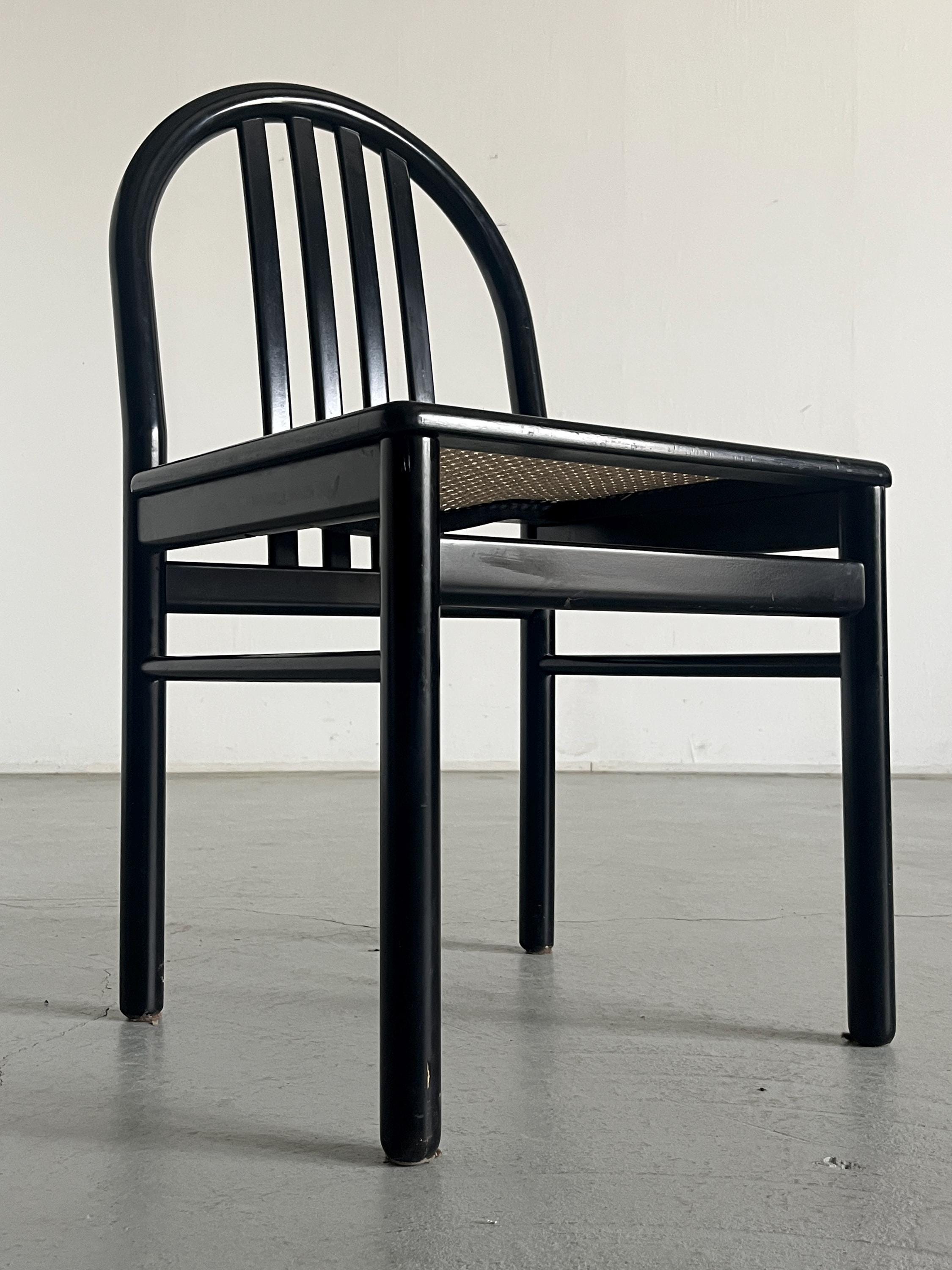 Black Lacquered Wood and Cane Dining Chairs in the Style of Annig Sarian