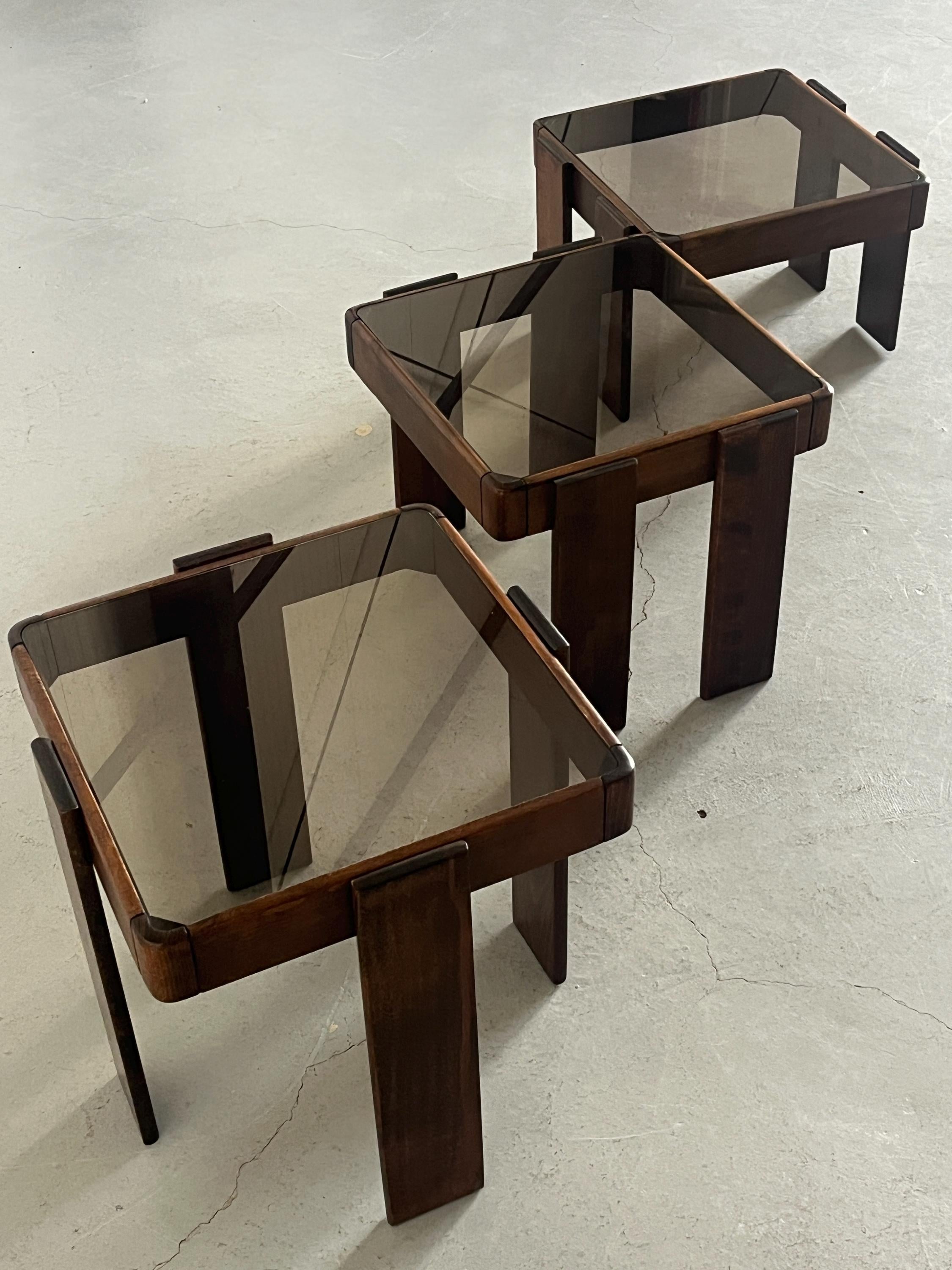 Nesting Tables by Gianfranco Frattini for Meblo in Smoked Glass and Wood