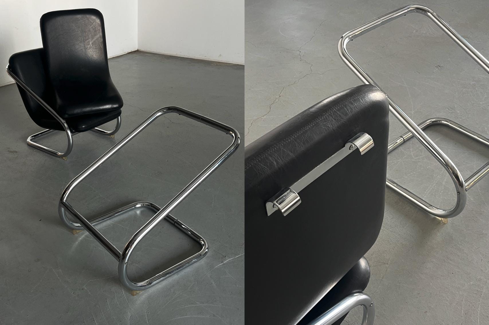 Tubular Cantilever Armchair in Black Leather and Chrome