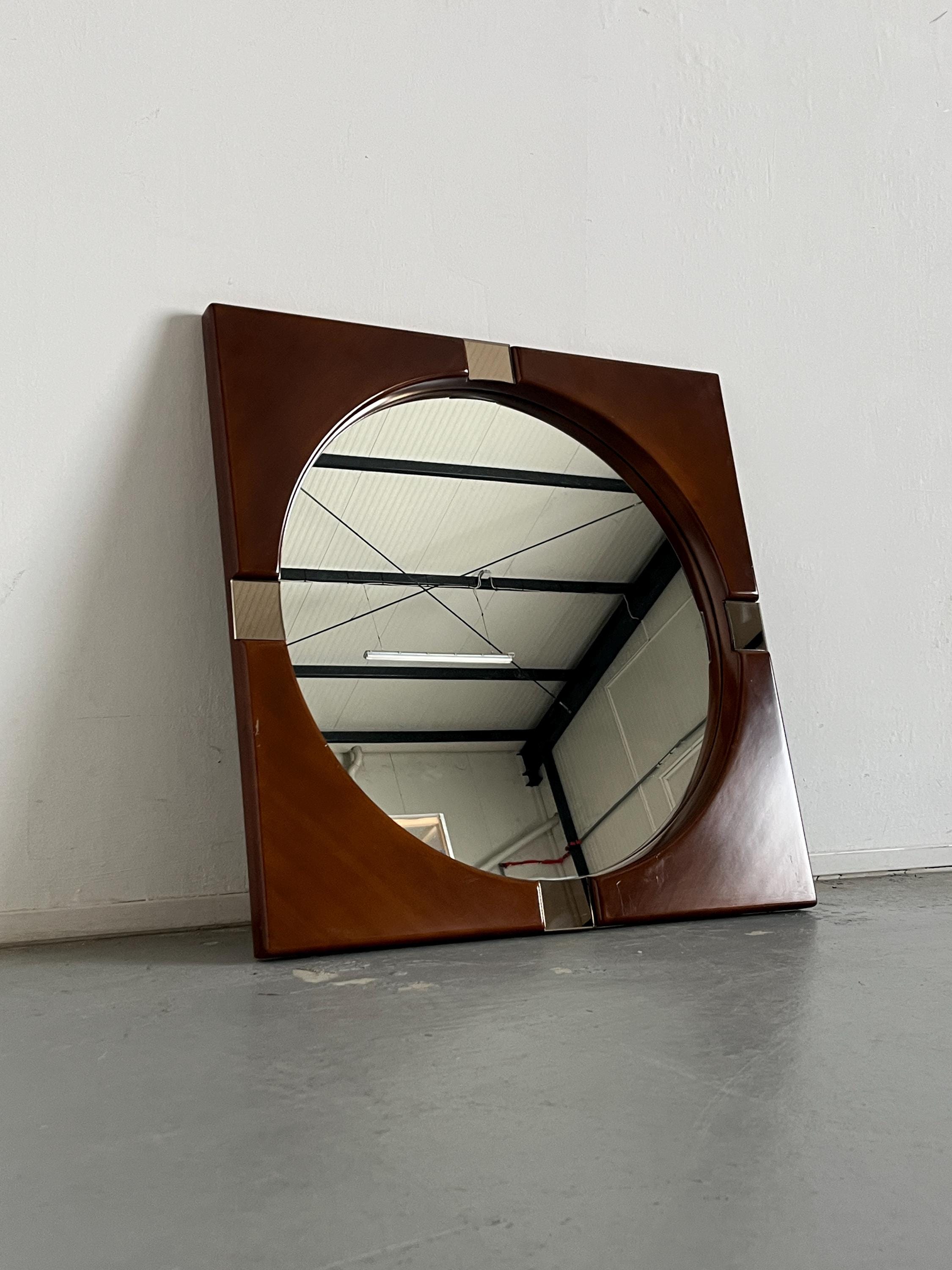 Square Wall Mirror in Wood and Chrome