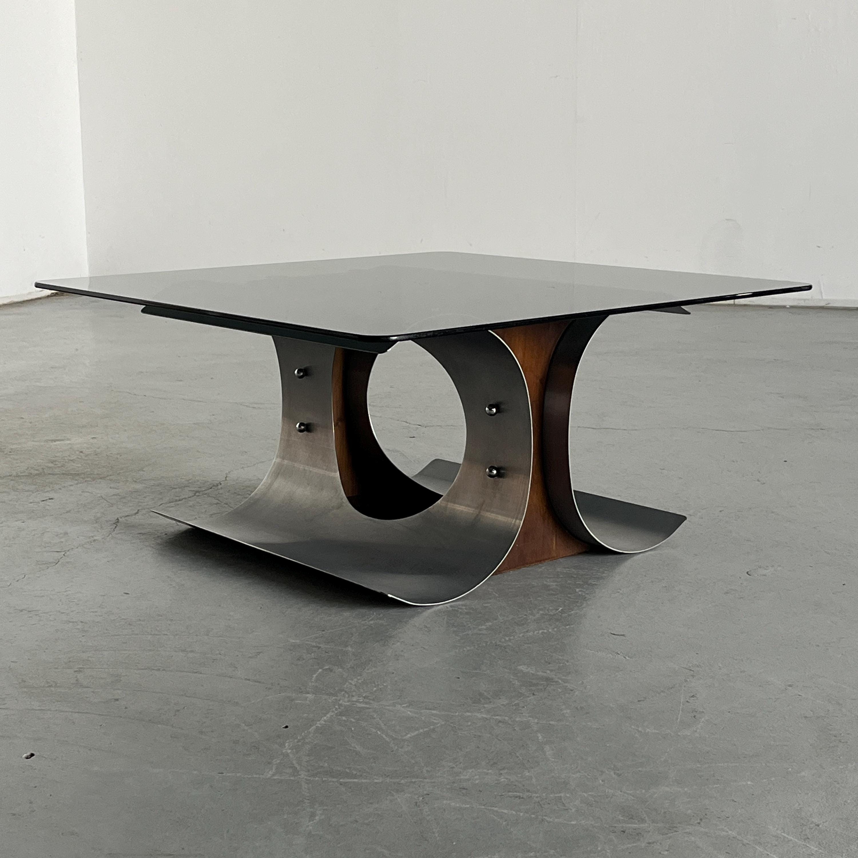 Brutalist Stainless Steel Coffee Table Attributed to François Monnet