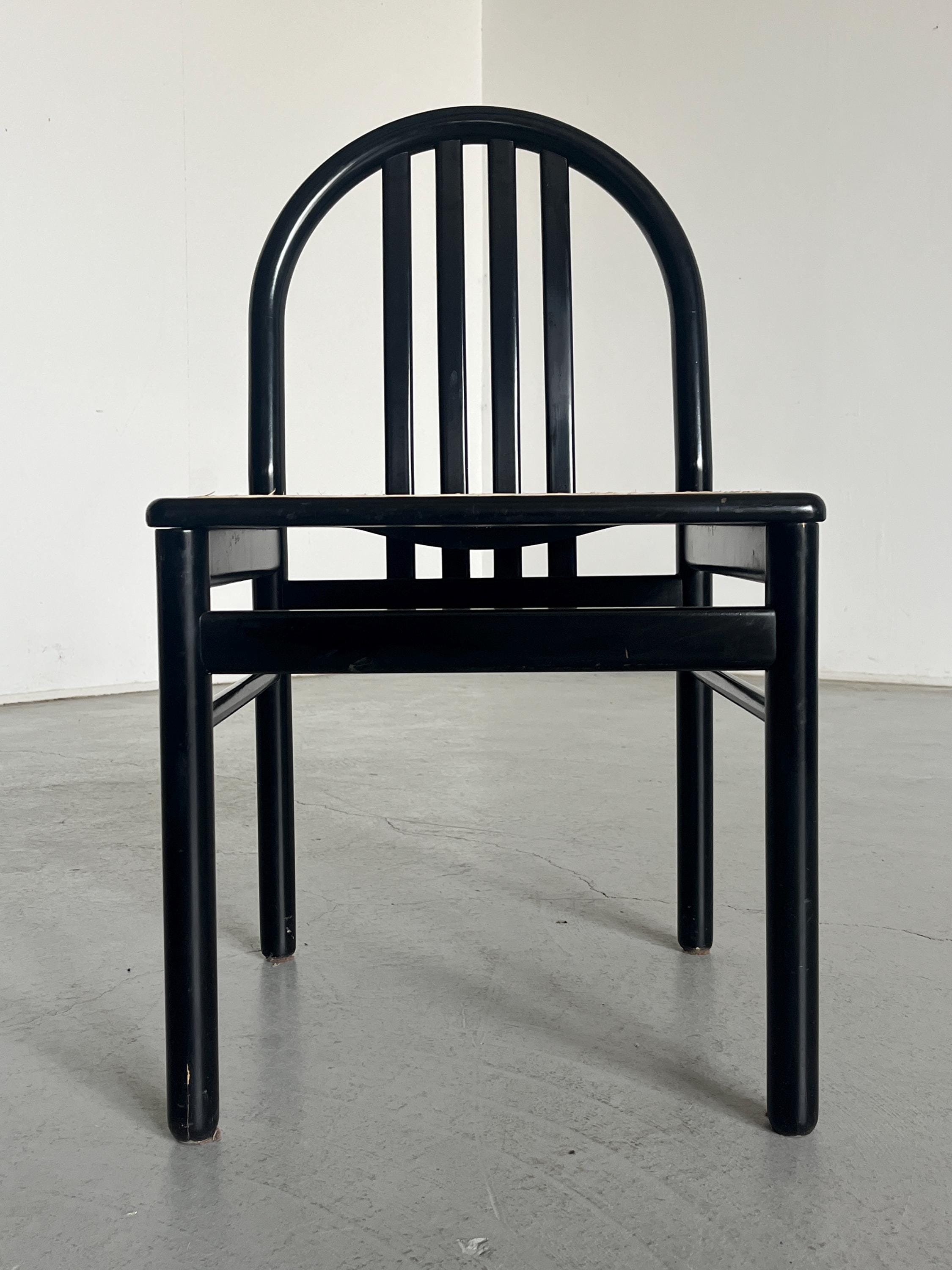 Black Lacquered Wood and Cane Dining Chairs in the Style of Annig Sarian