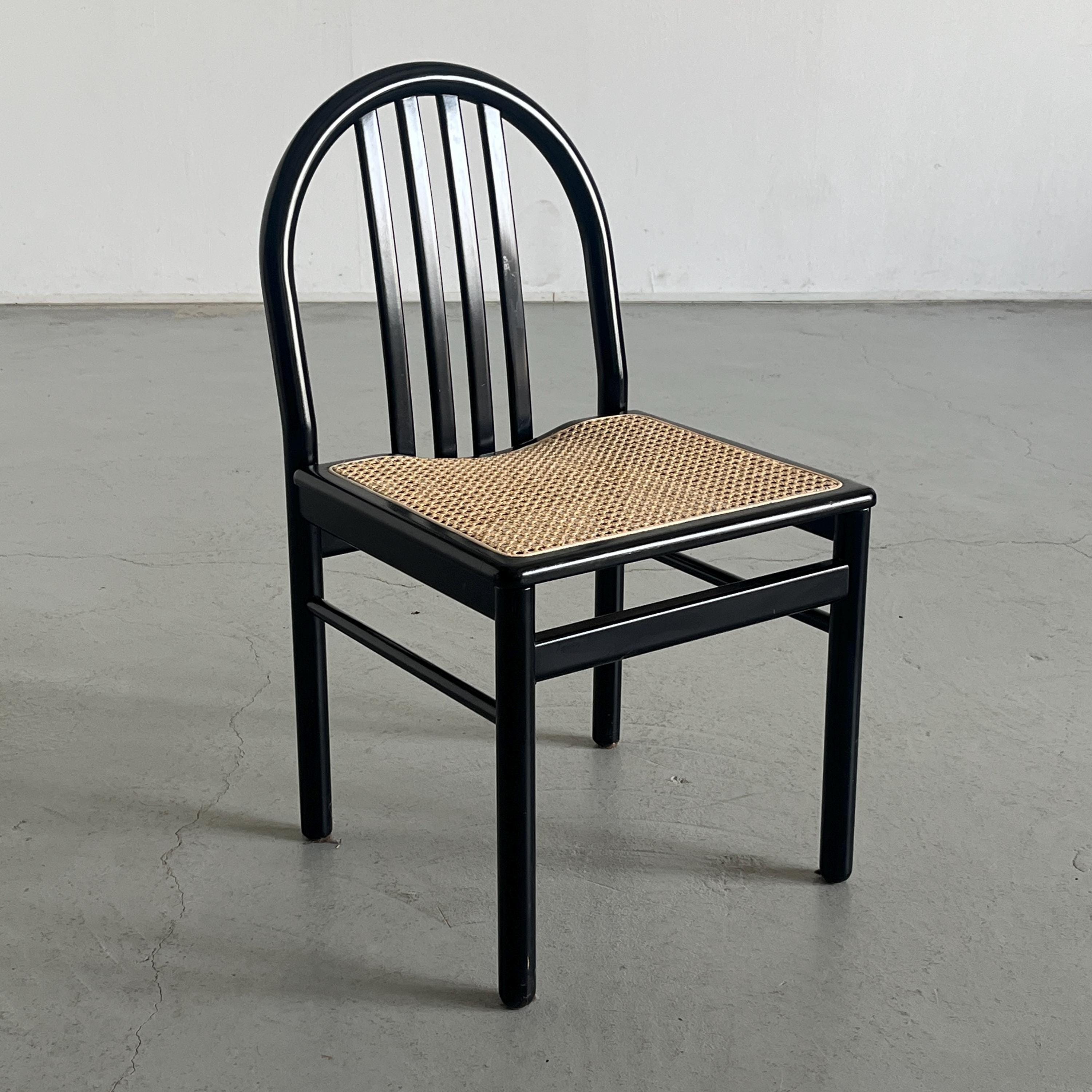 Black Lacquered Wood and Cane Dining Chairs in the Style of Annig Sarian