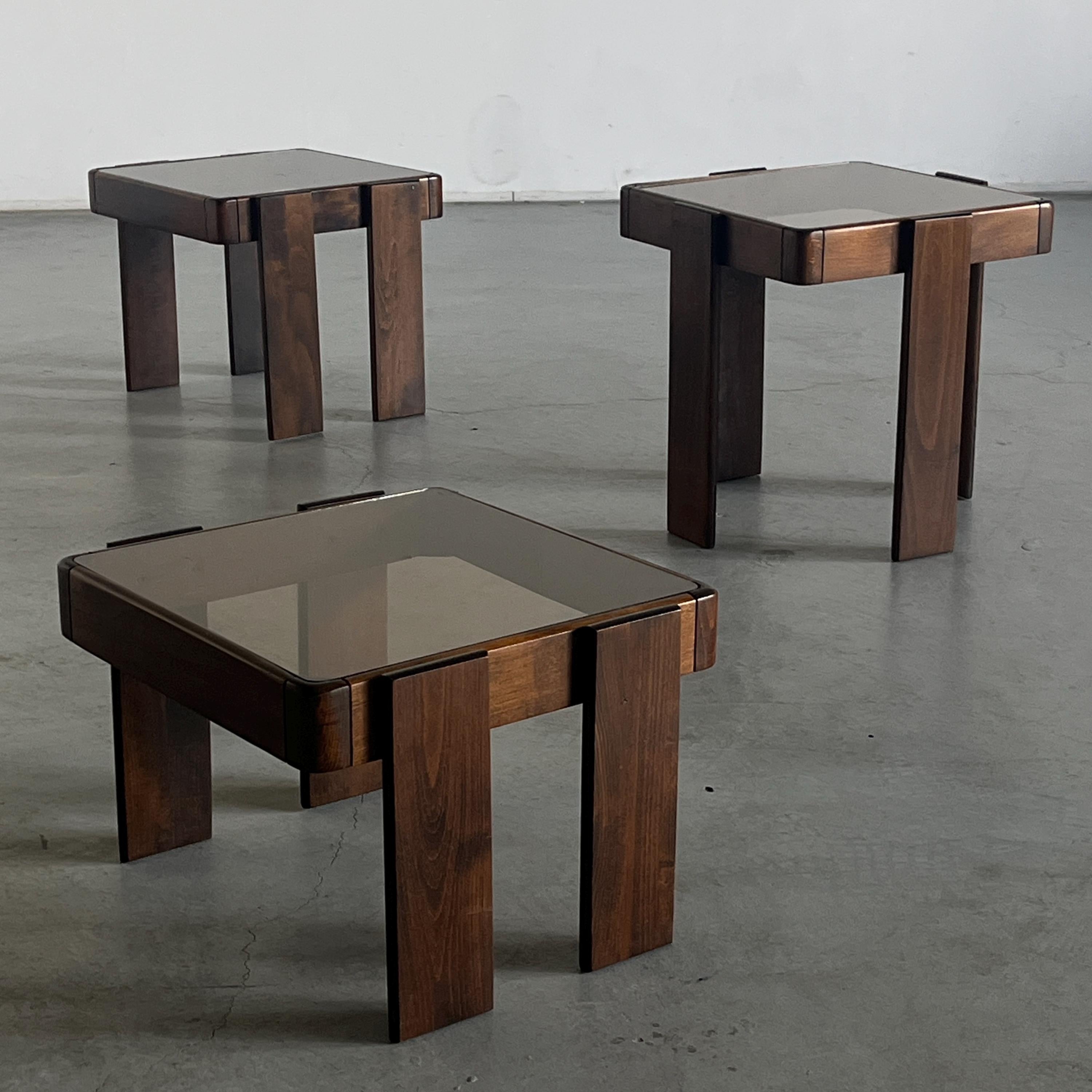 Nesting Tables by Gianfranco Frattini for Meblo in Smoked Glass and Wood