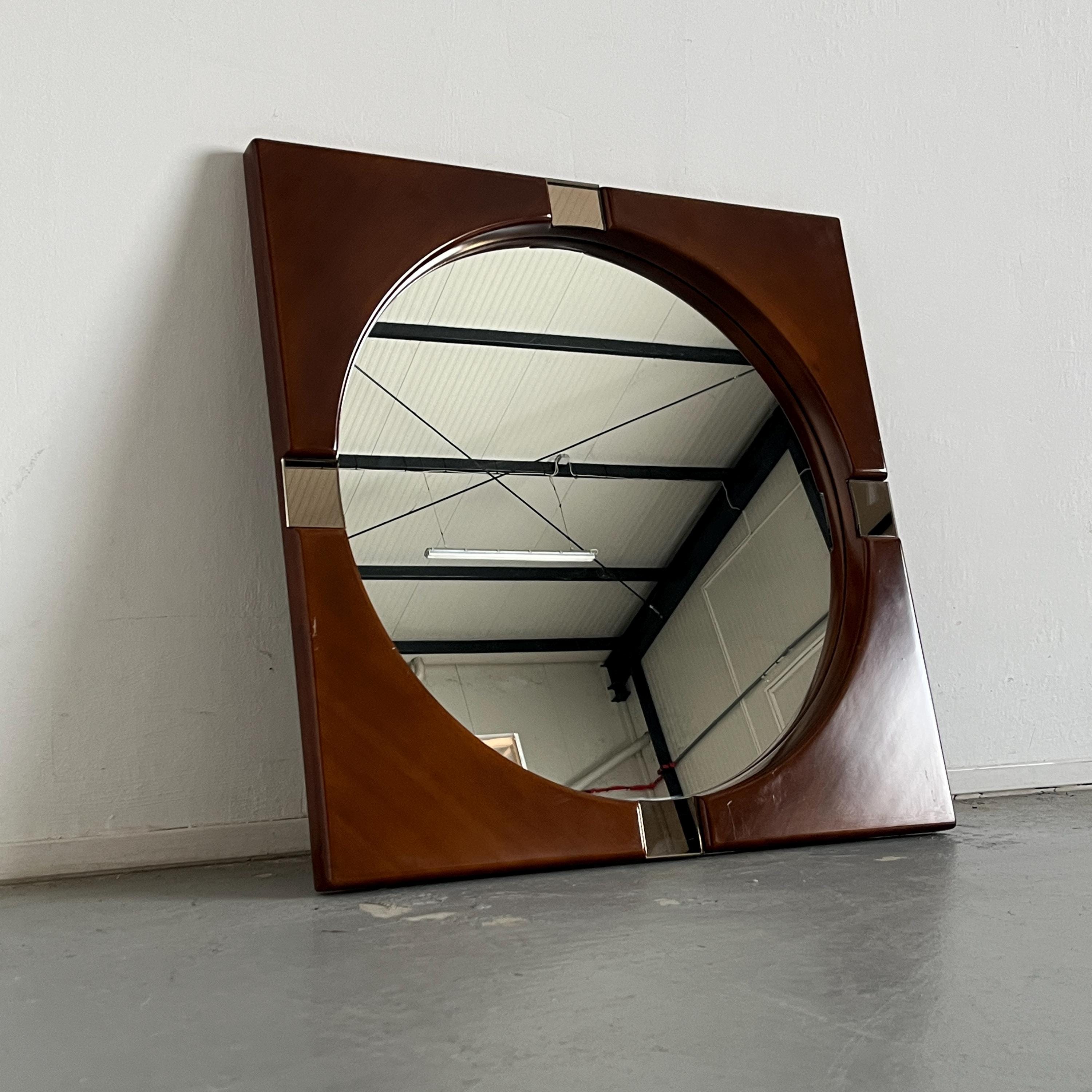 Square Wall Mirror in Wood and Chrome