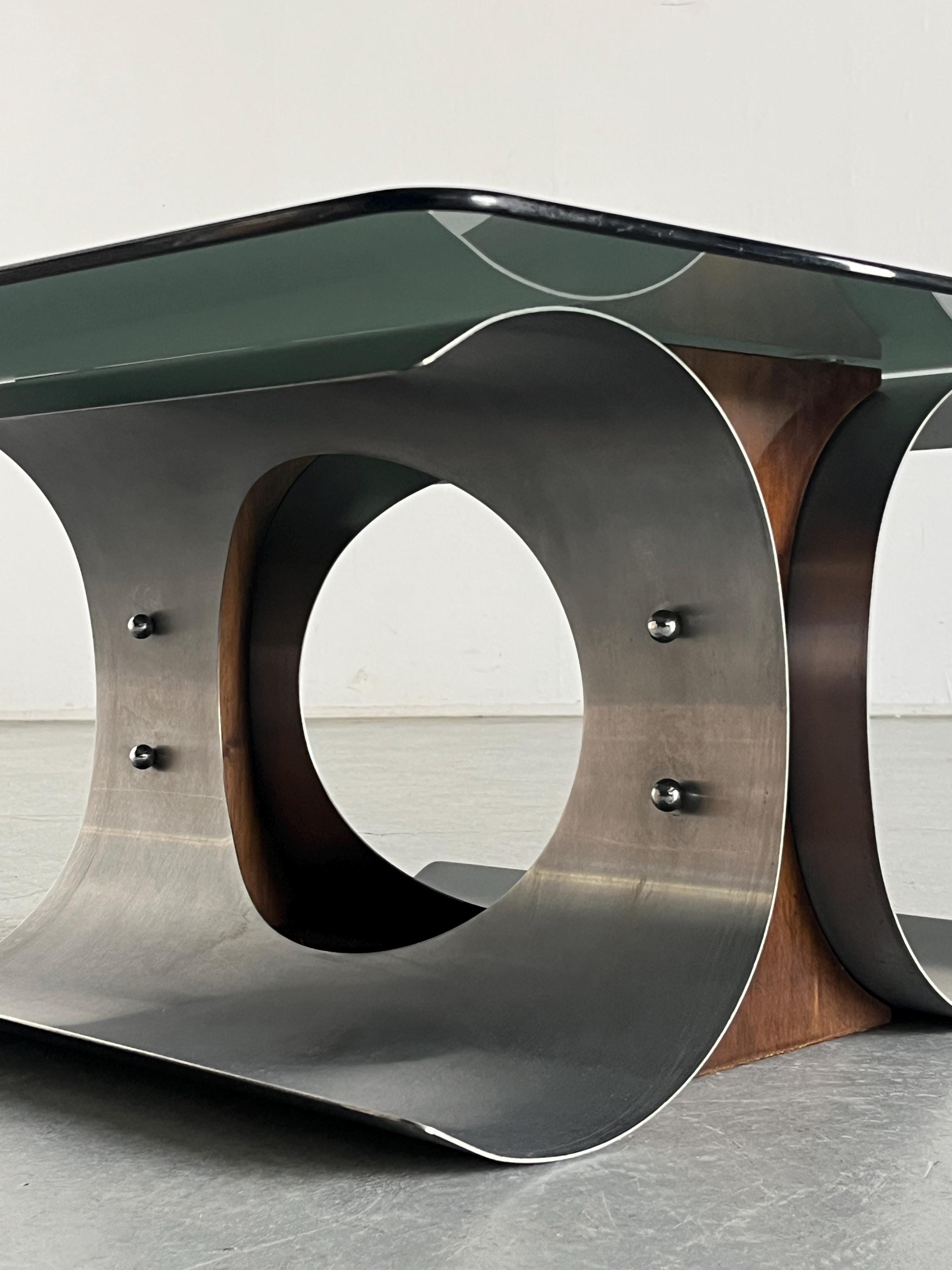 Brutalist Stainless Steel Coffee Table Attributed to François Monnet