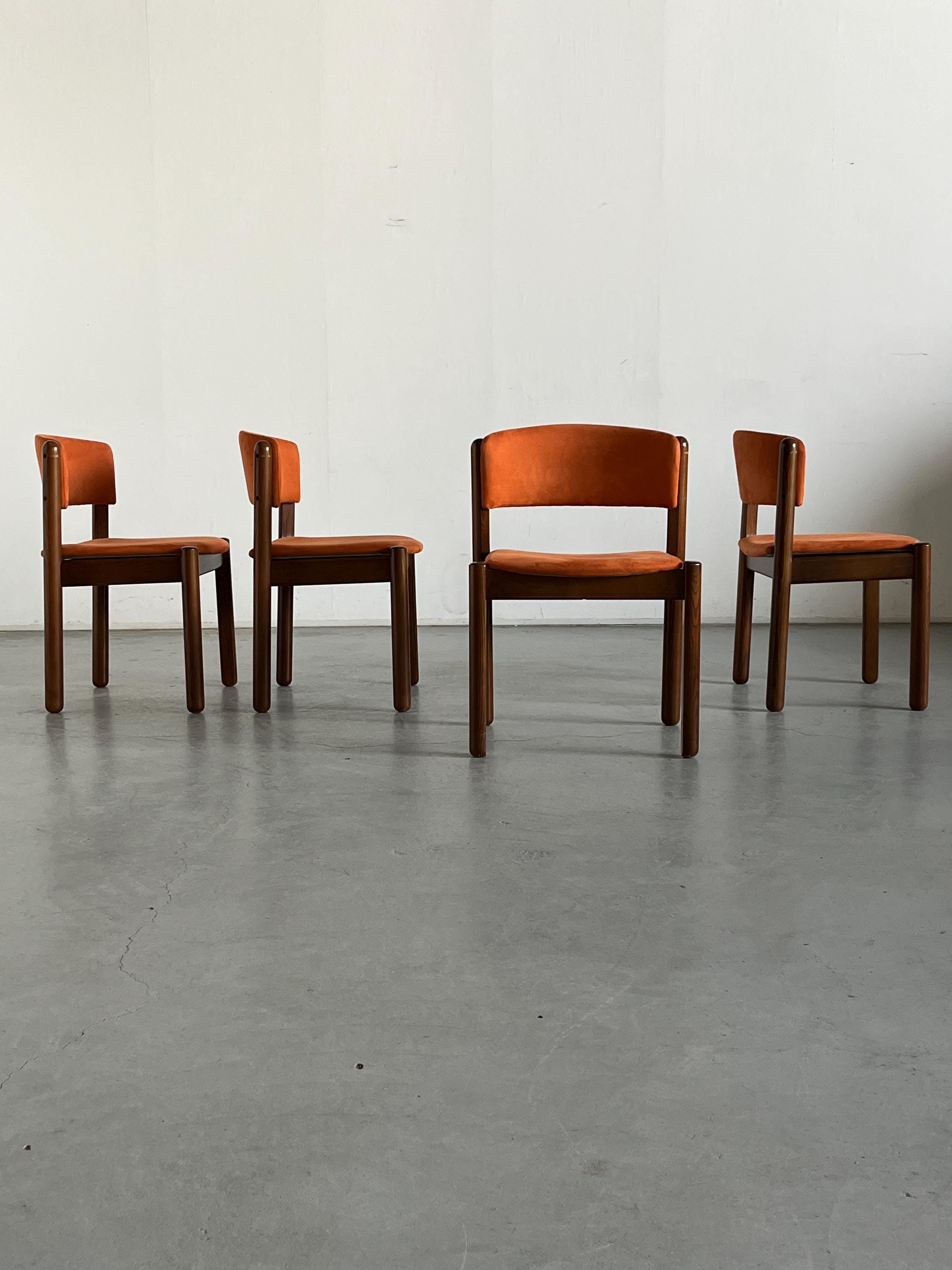 Mid-Century Modern Dining Chairs in Orange Velvet