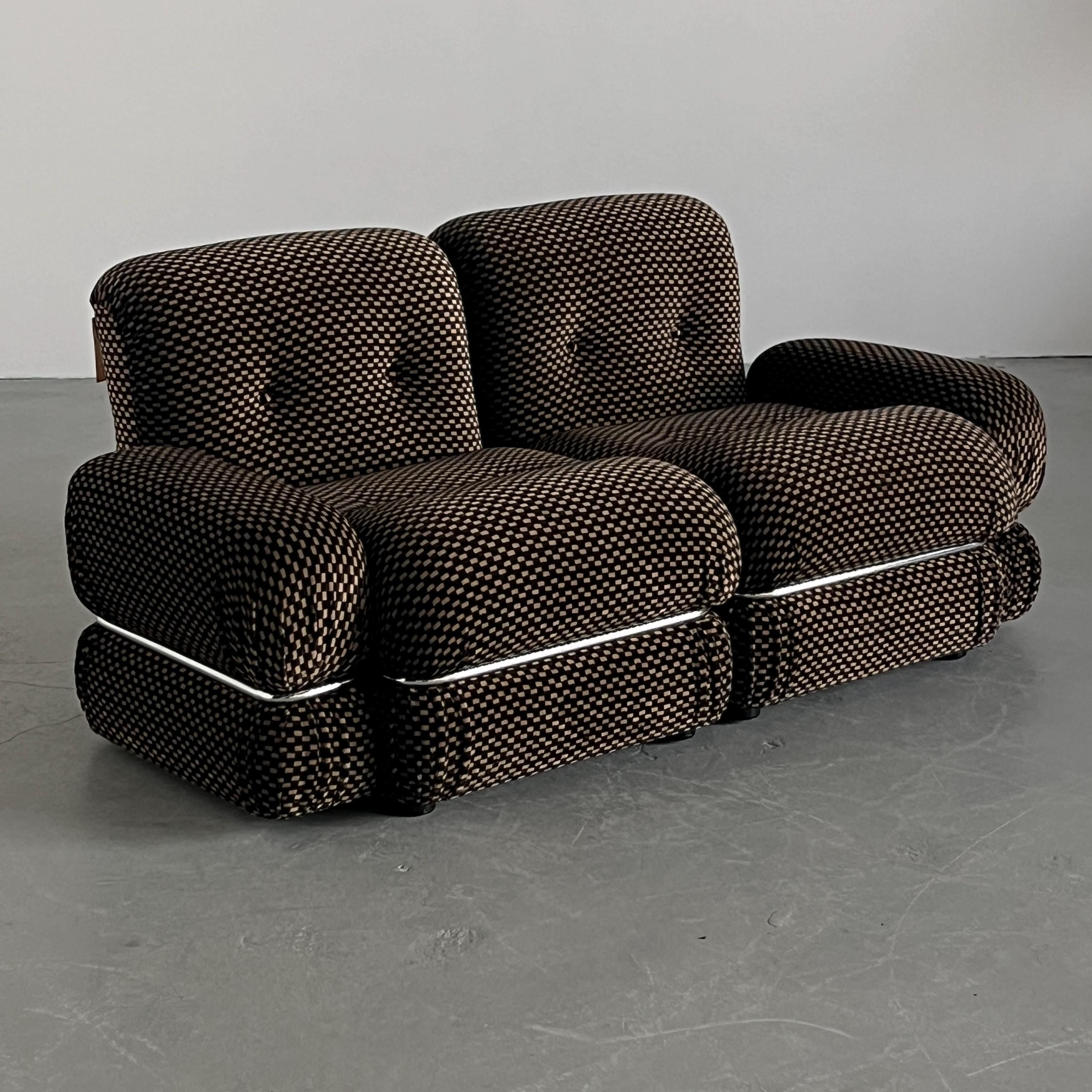 Mid-Century Loveseat in Checkered Upholstery and Chromed Steel