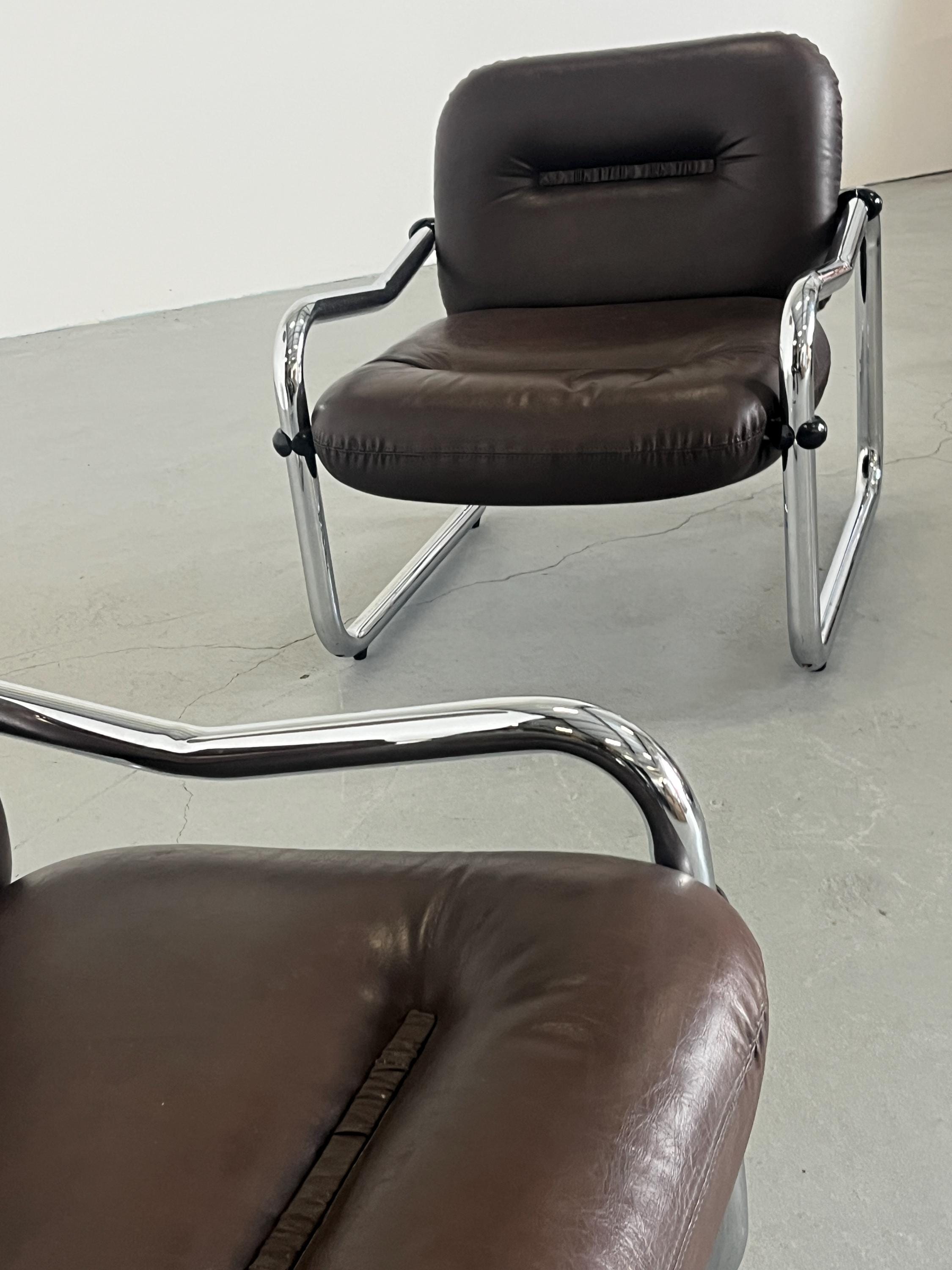 Italian Mid-Century Modern Armchairs in Tufted Brown Leather