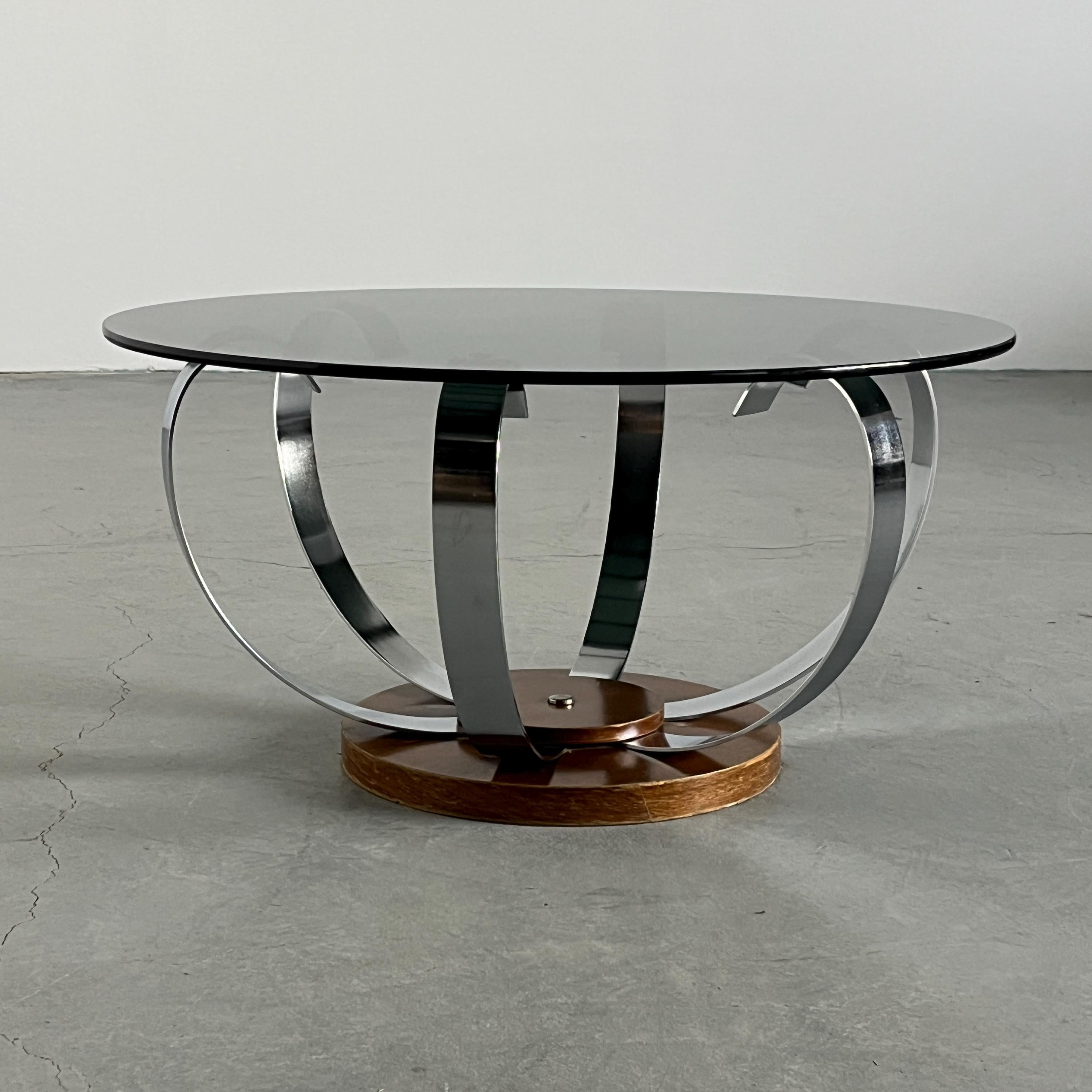 Coffee Table in Smoked Glass, Brushed Steel and Wood