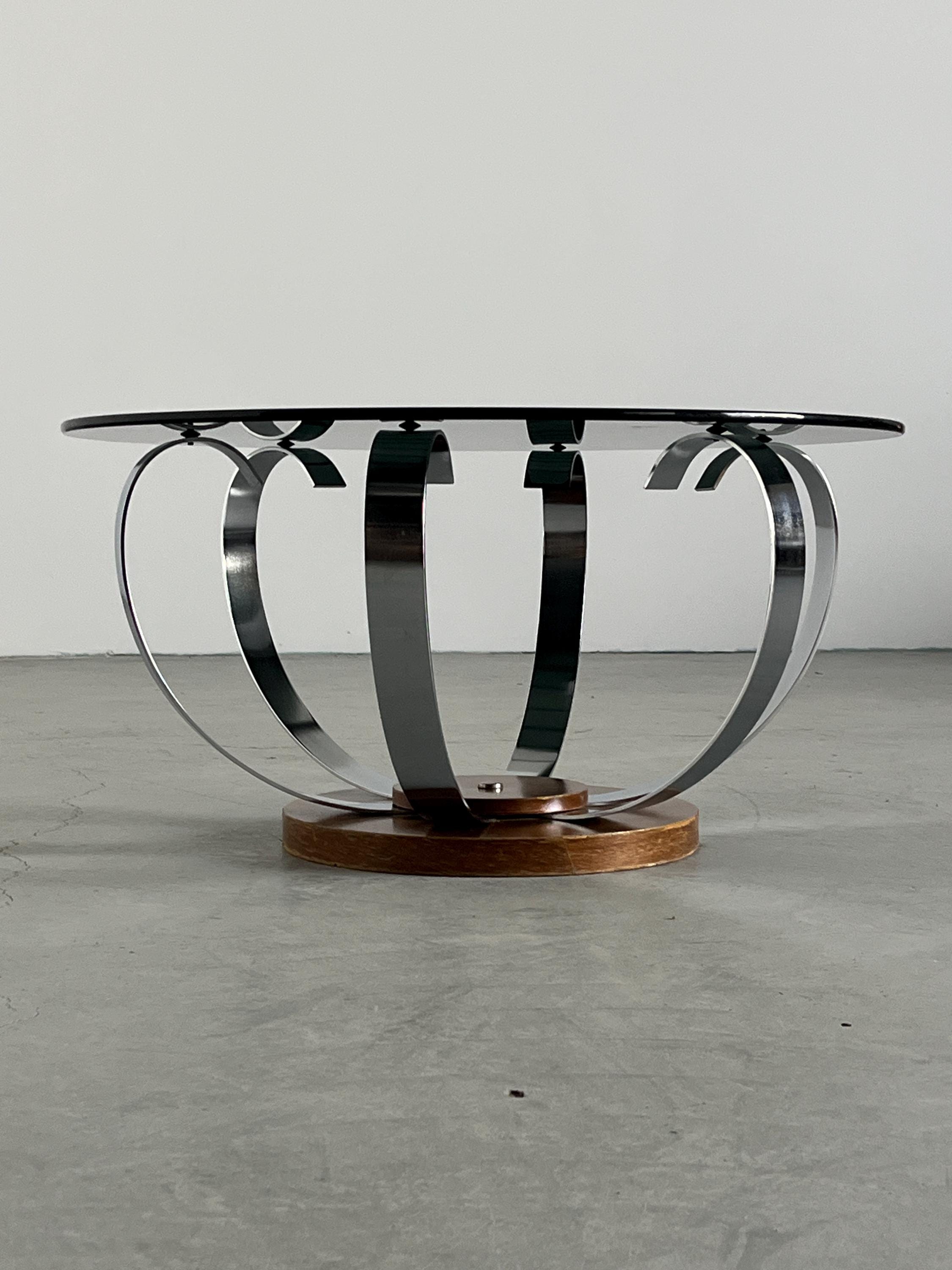 Coffee Table in Smoked Glass, Brushed Steel and Wood