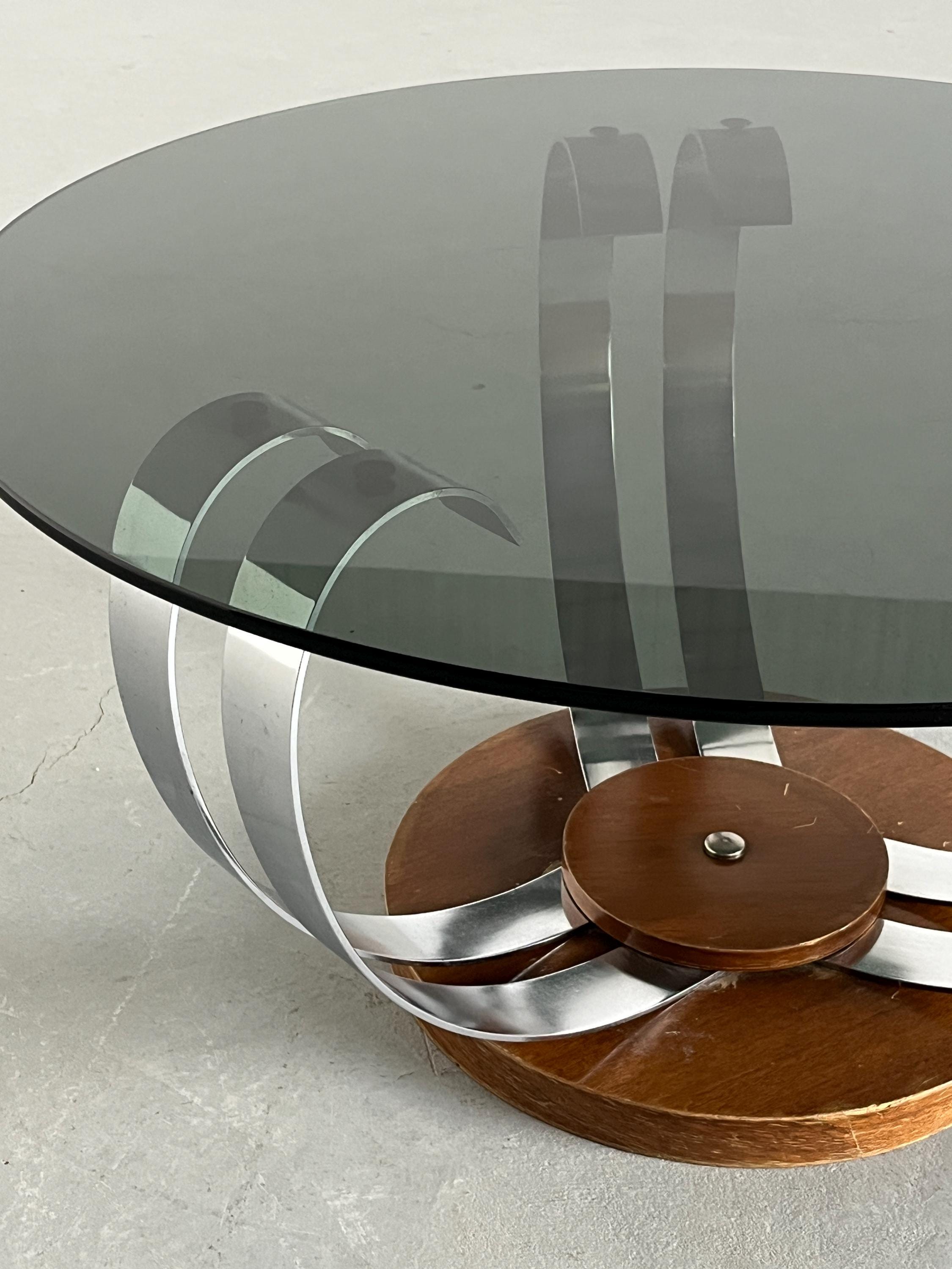 Coffee Table in Smoked Glass, Brushed Steel and Wood