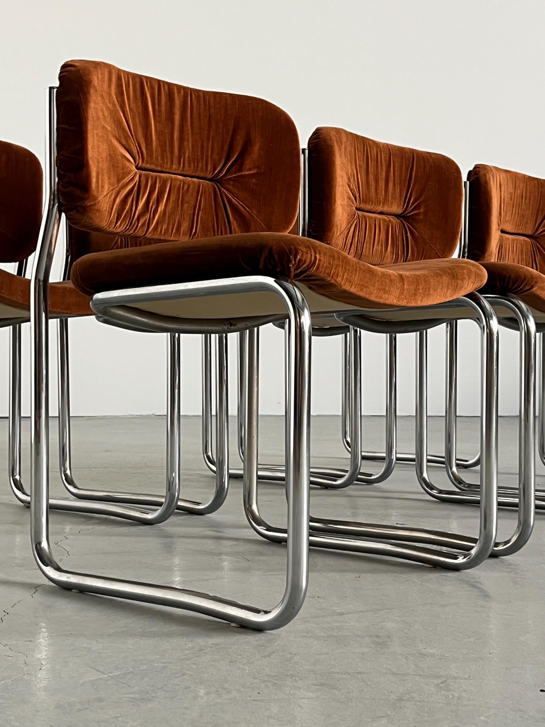 Italian Cantilever Dining Chairs in Dark Orange Fabric