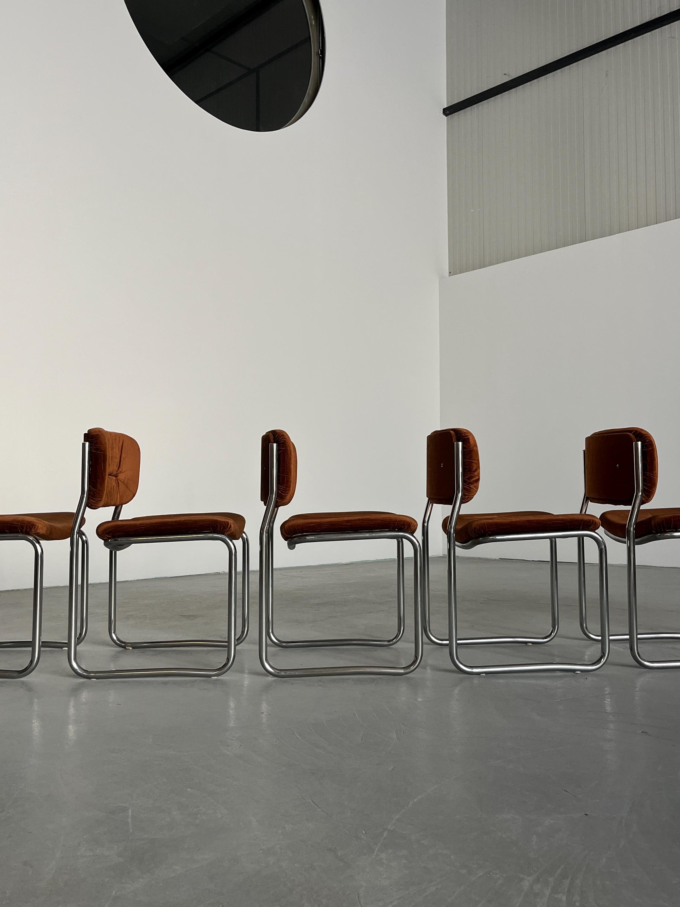 Italian Cantilever Dining Chairs in Dark Orange Fabric