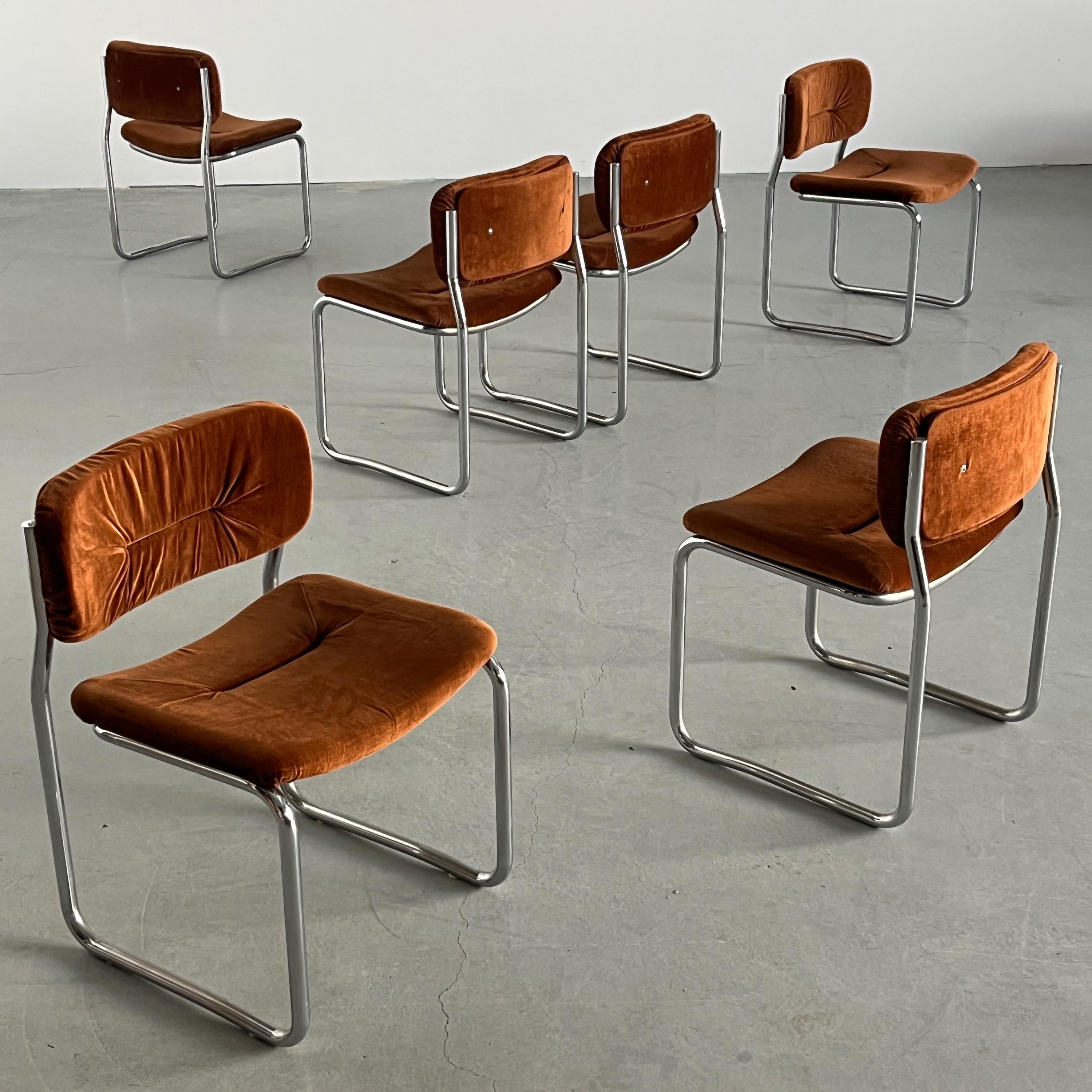 Italian Cantilever Dining Chairs in Dark Orange Fabric