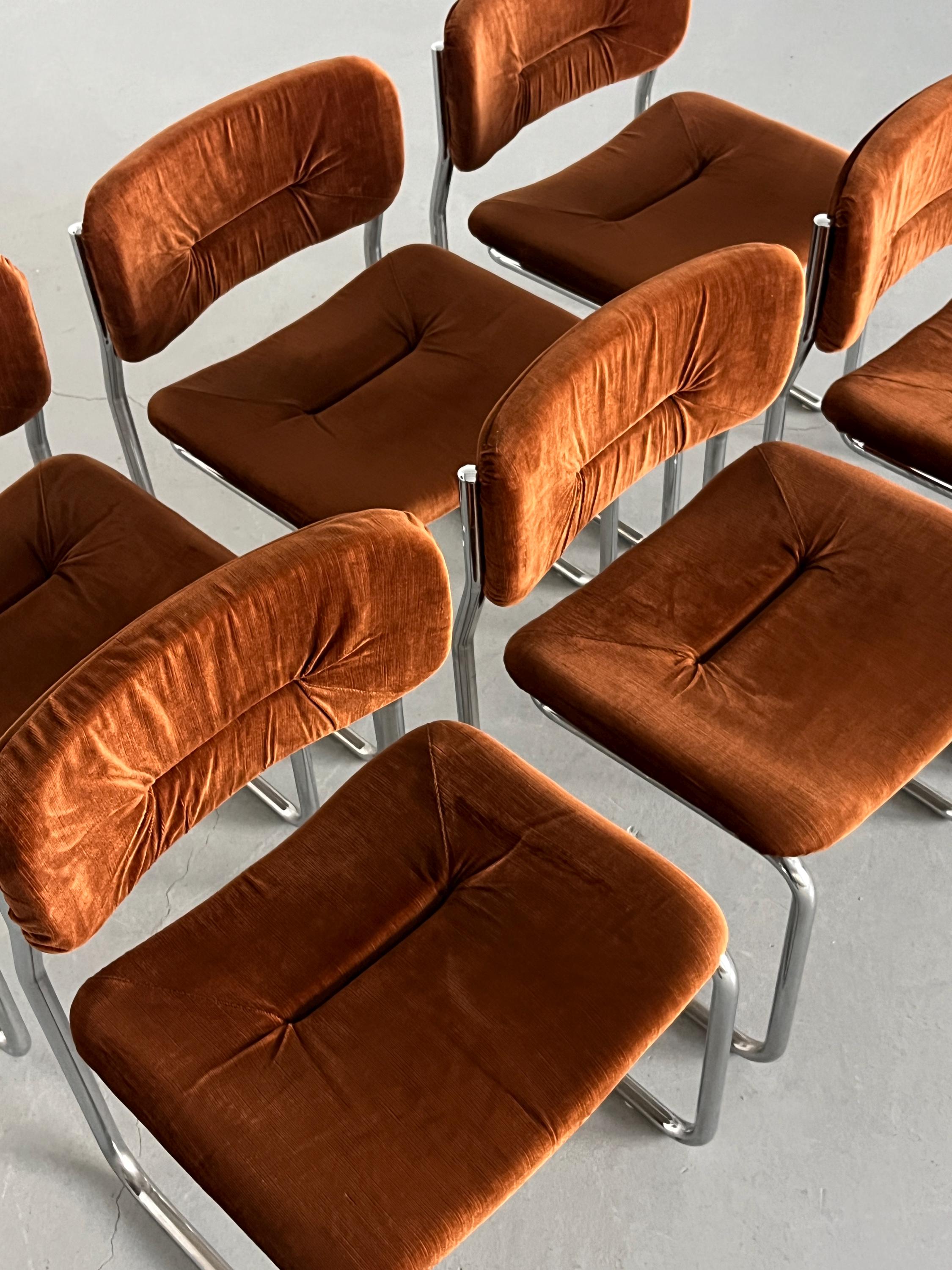 Italian Cantilever Dining Chairs in Dark Orange Fabric