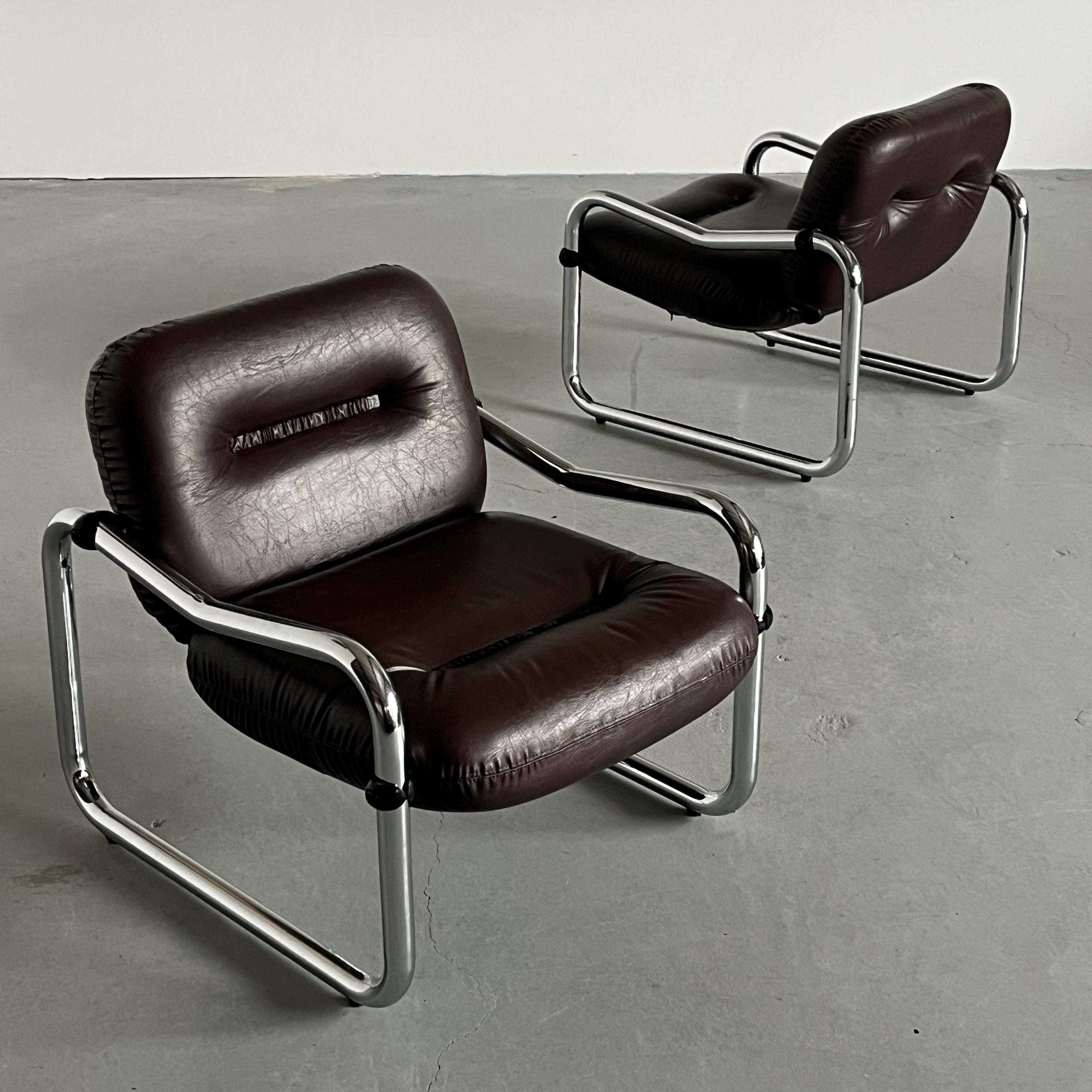 Italian Mid-Century Modern Armchairs in Tufted Brown Leather