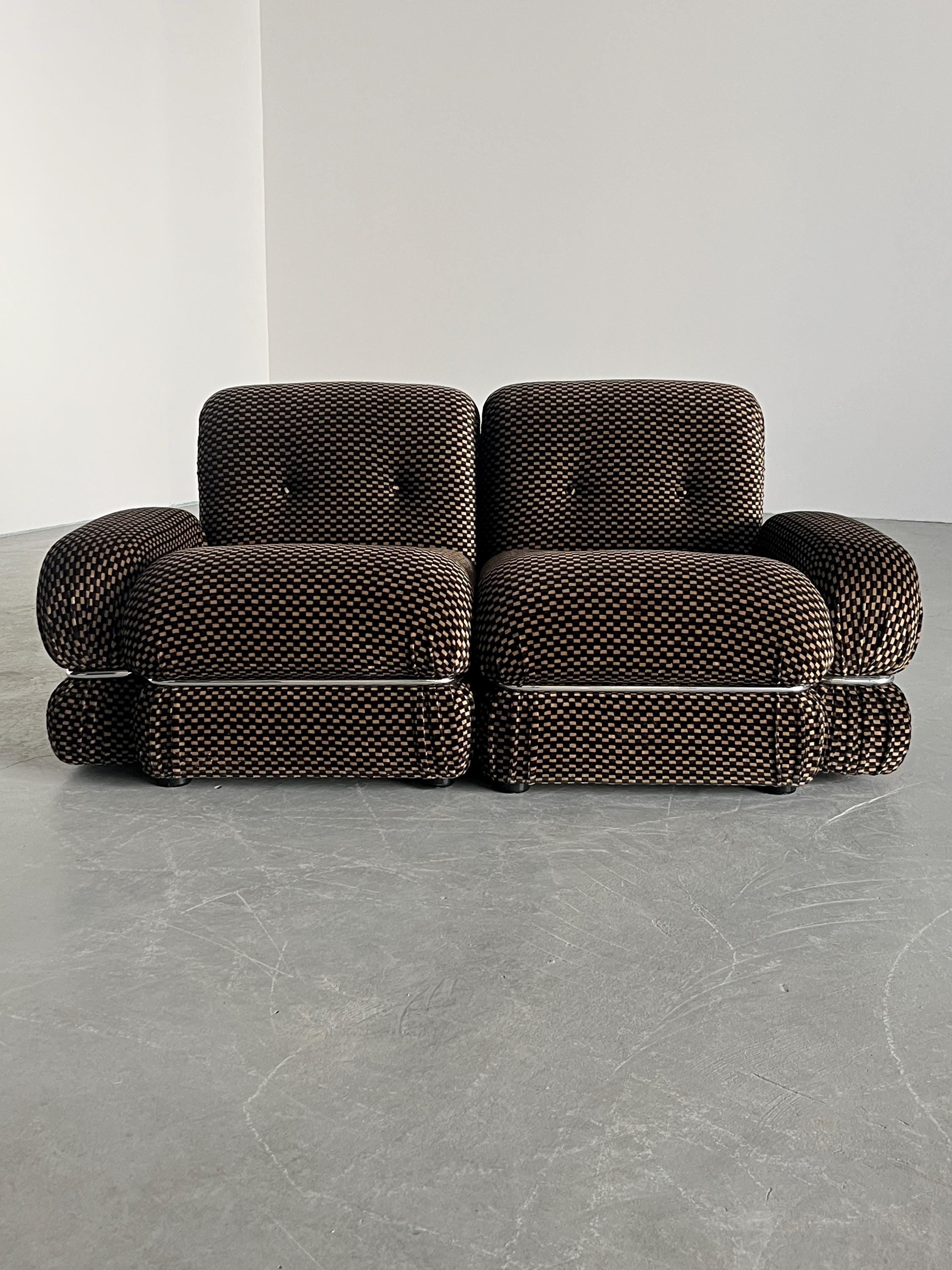 Mid-Century Loveseat in Checkered Upholstery and Chromed Steel