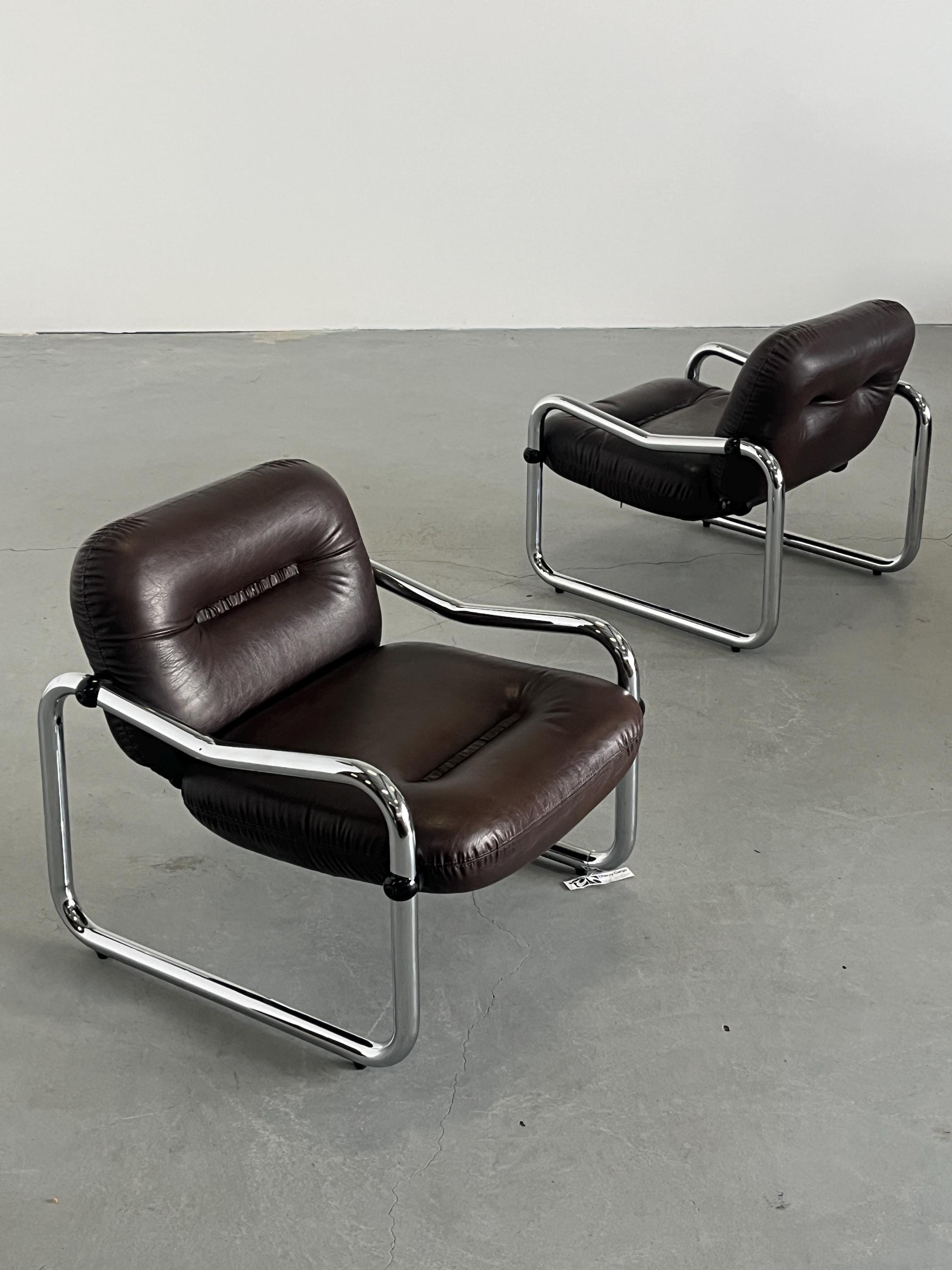 Italian Mid-Century Modern Armchairs in Tufted Brown Leather