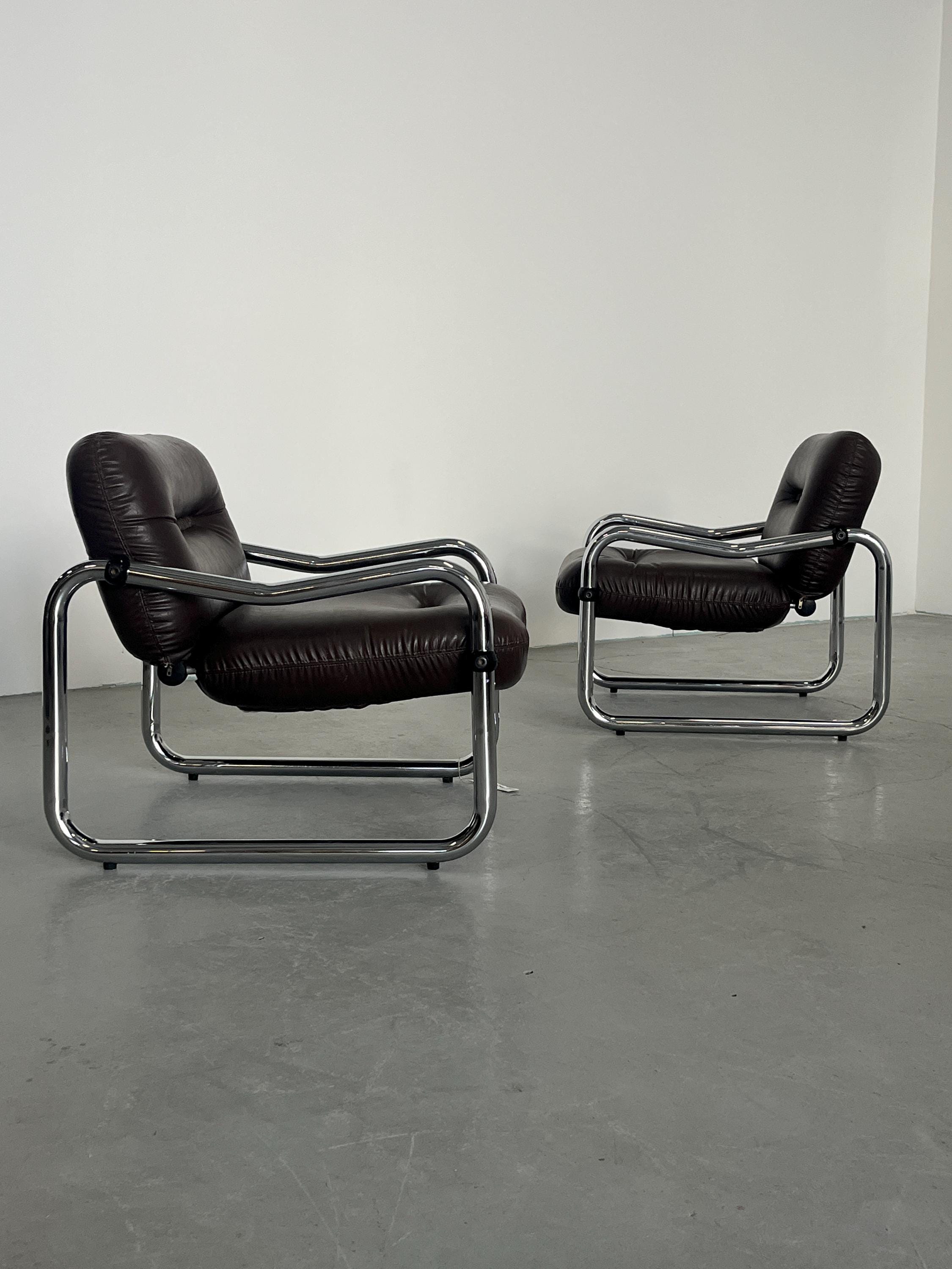 Italian Mid-Century Modern Armchairs in Tufted Brown Leather