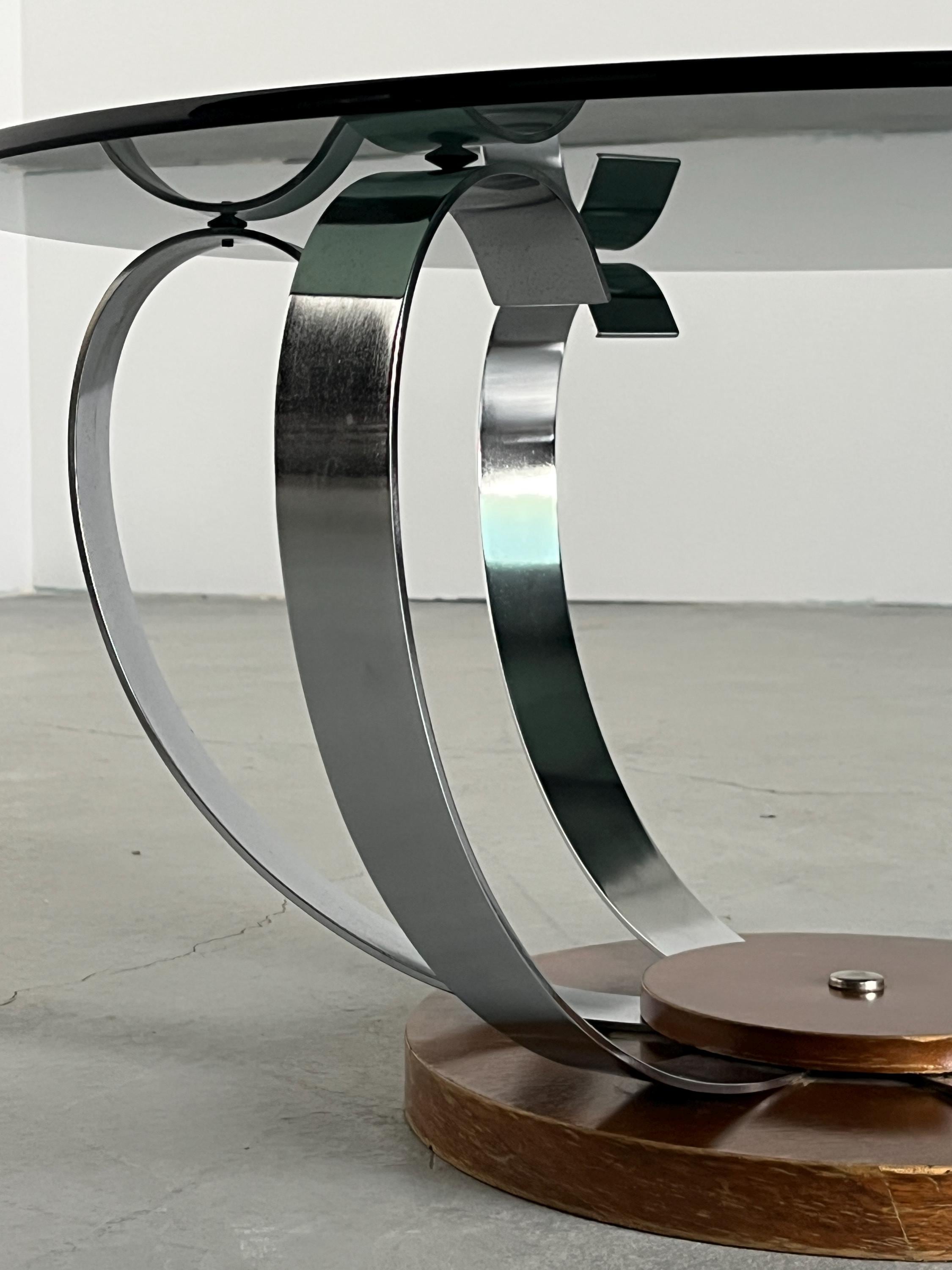 Coffee Table in Smoked Glass, Brushed Steel and Wood