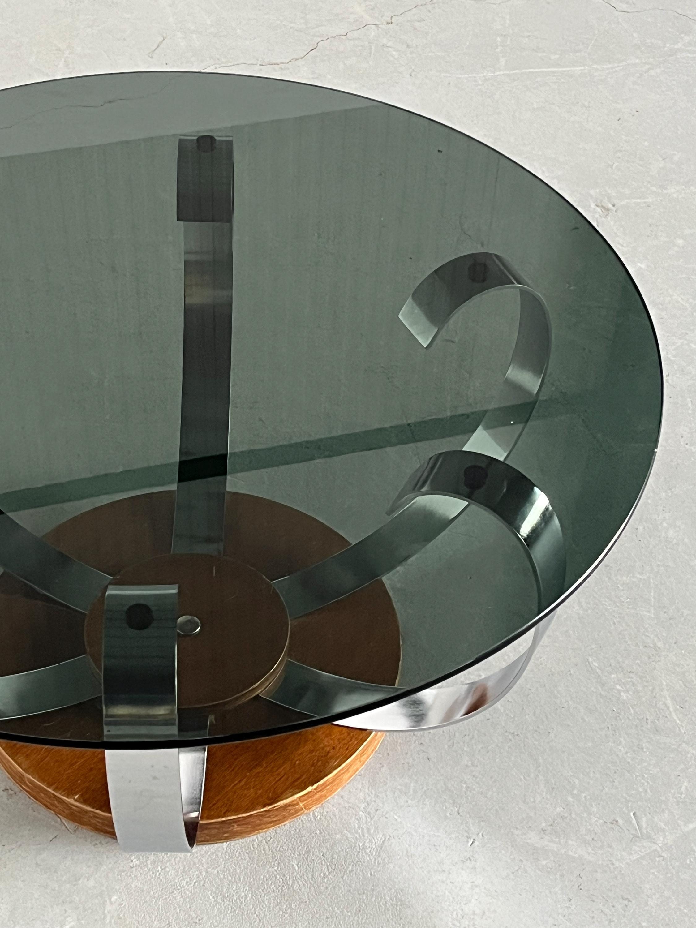 Coffee Table in Smoked Glass, Brushed Steel and Wood