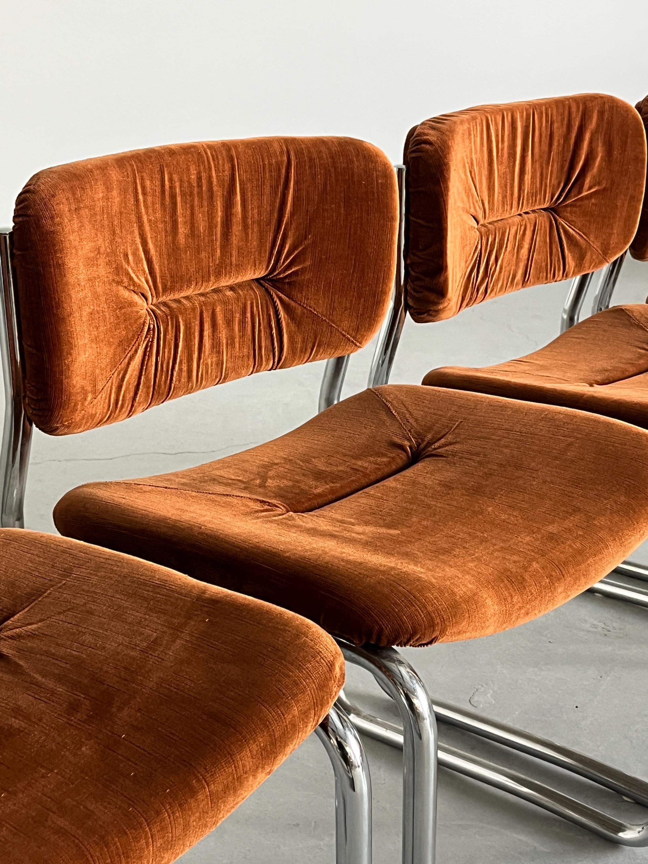 Italian Cantilever Dining Chairs in Dark Orange Fabric