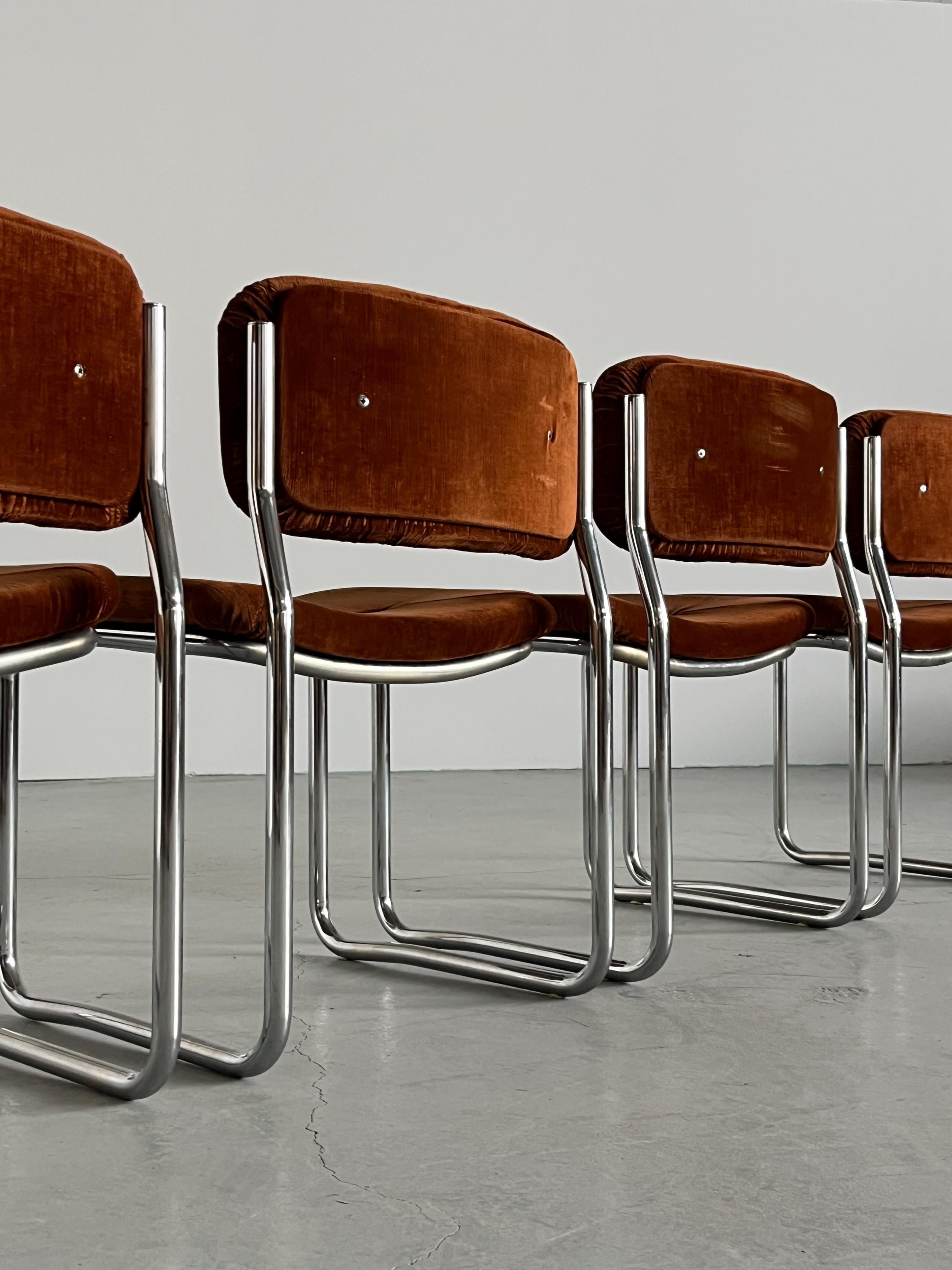 Italian Cantilever Dining Chairs in Dark Orange Fabric