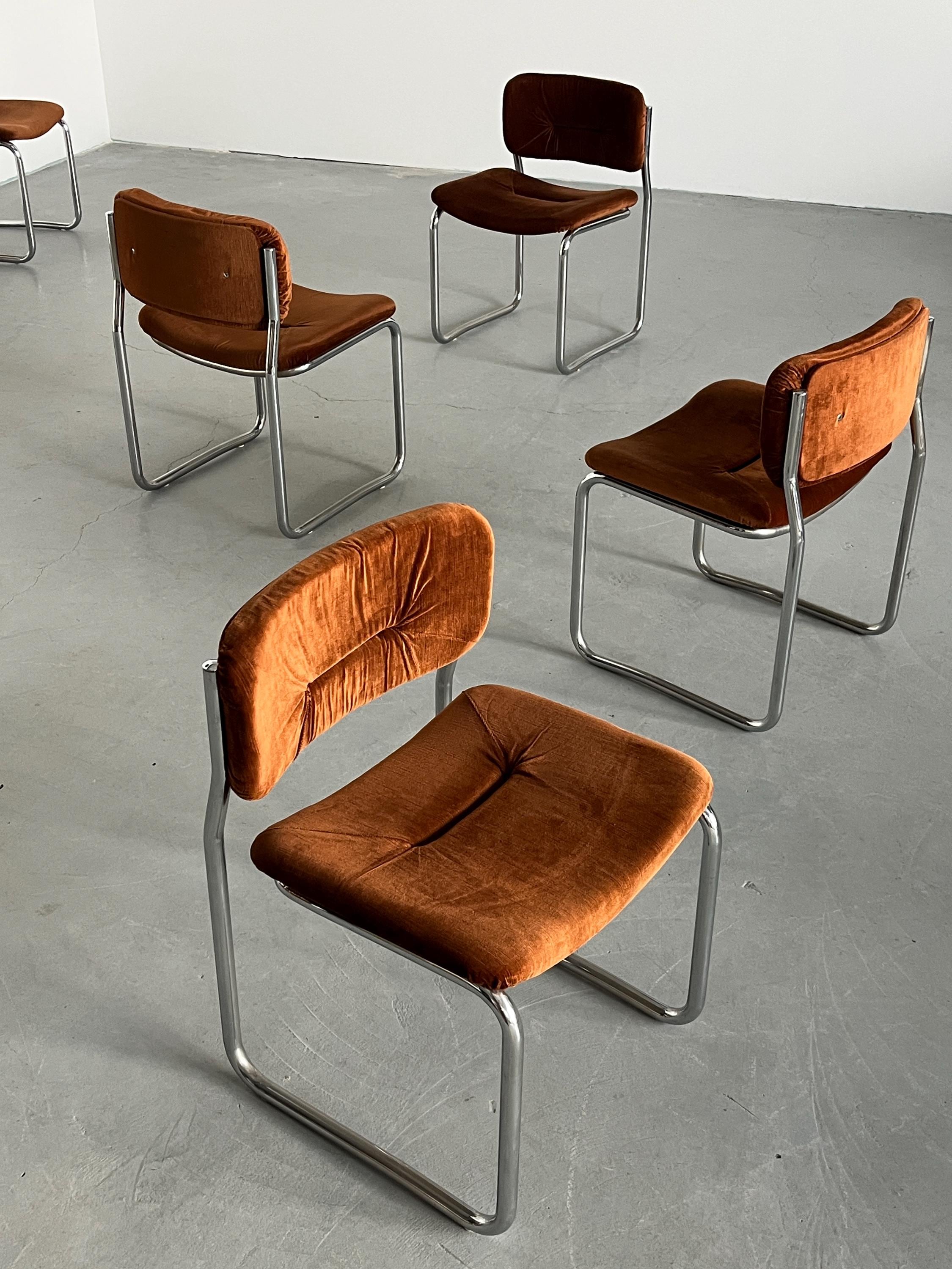 Italian Cantilever Dining Chairs in Dark Orange Fabric