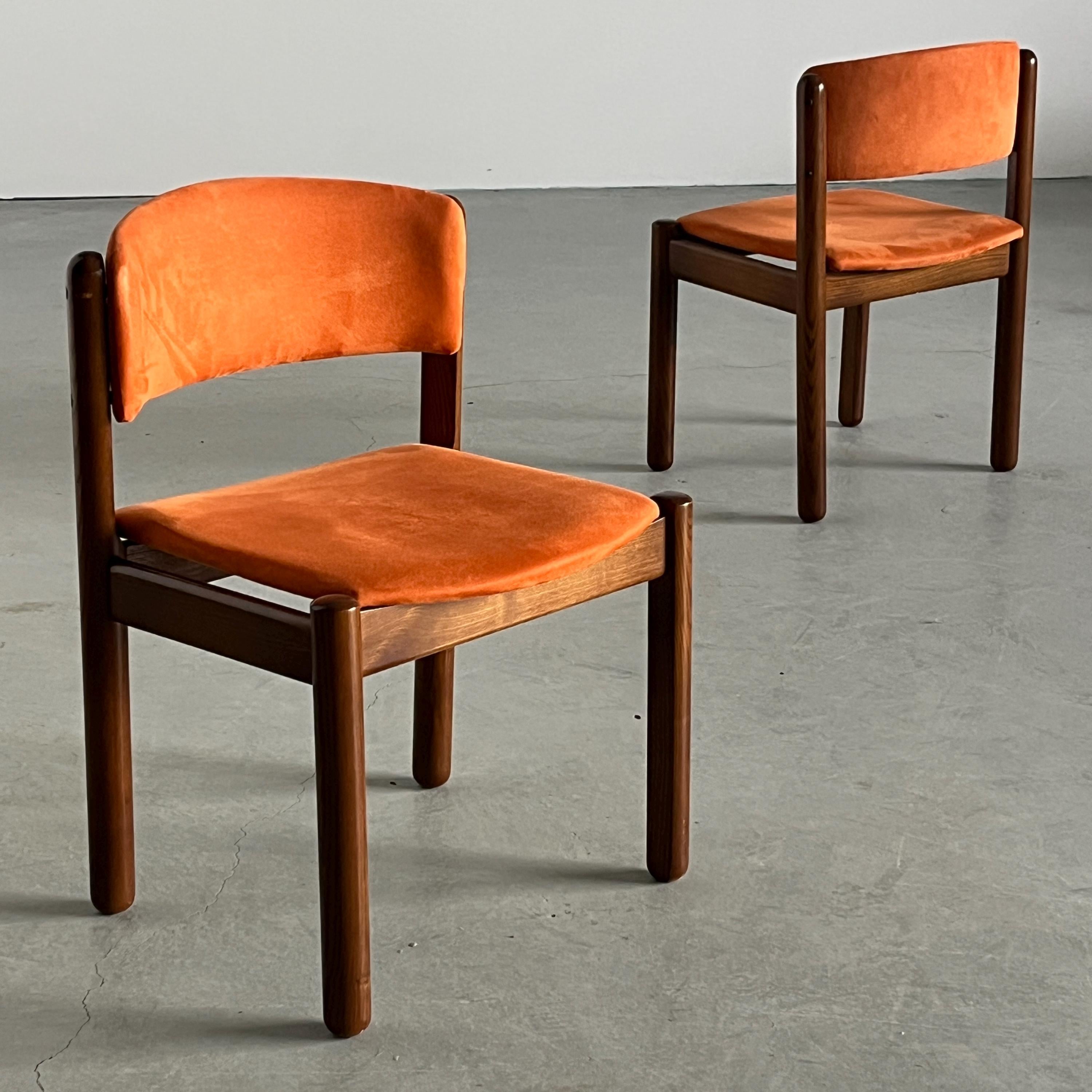 Mid-Century Chairs in Orange Velvet Upholstery