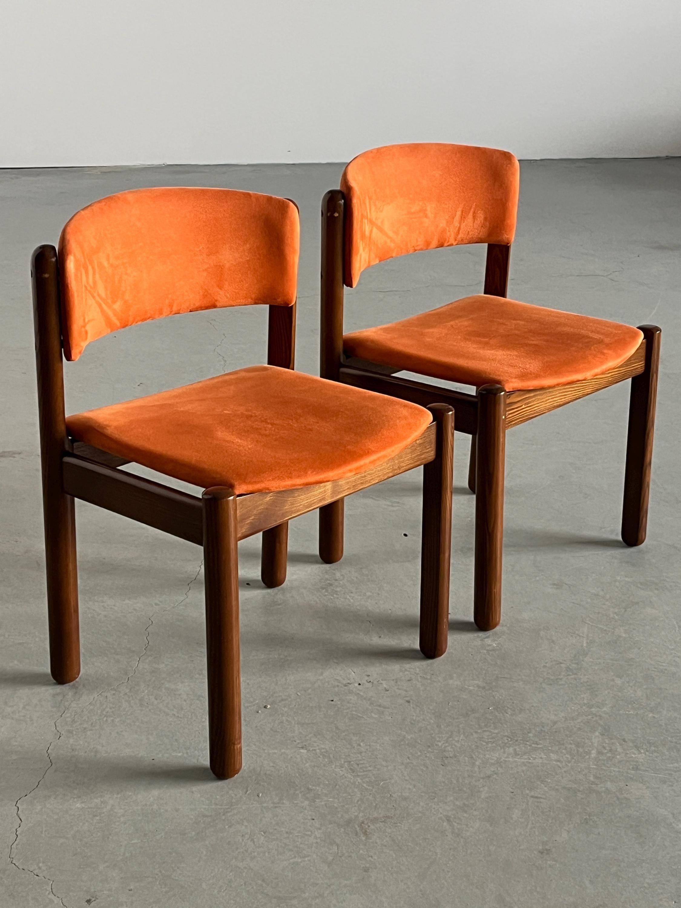Mid-Century Chairs in Orange Velvet Upholstery