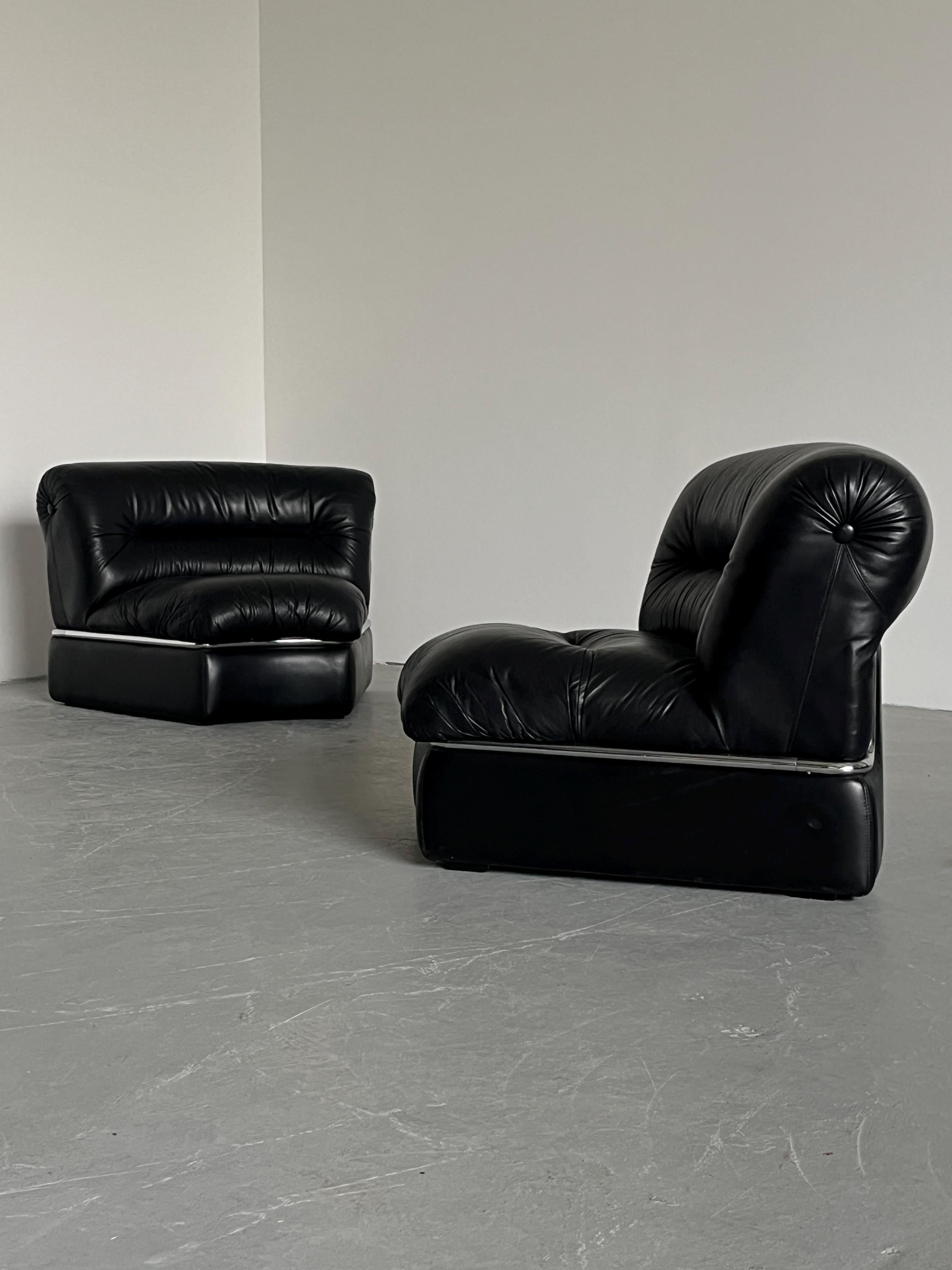 Elegant Italian Curved Leather Sofa with Chromed Frame