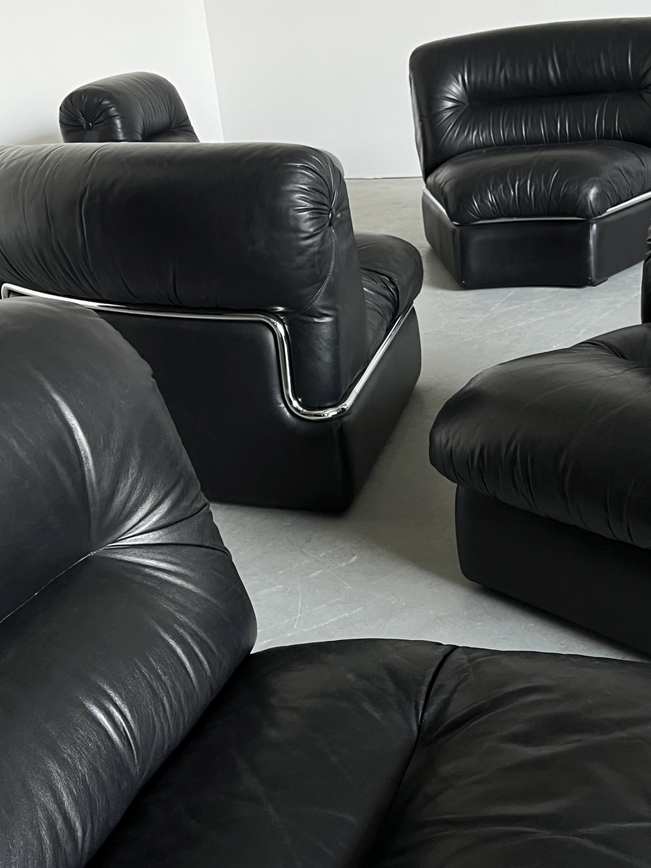 Elegant Italian Curved Leather Sofa with Chromed Frame