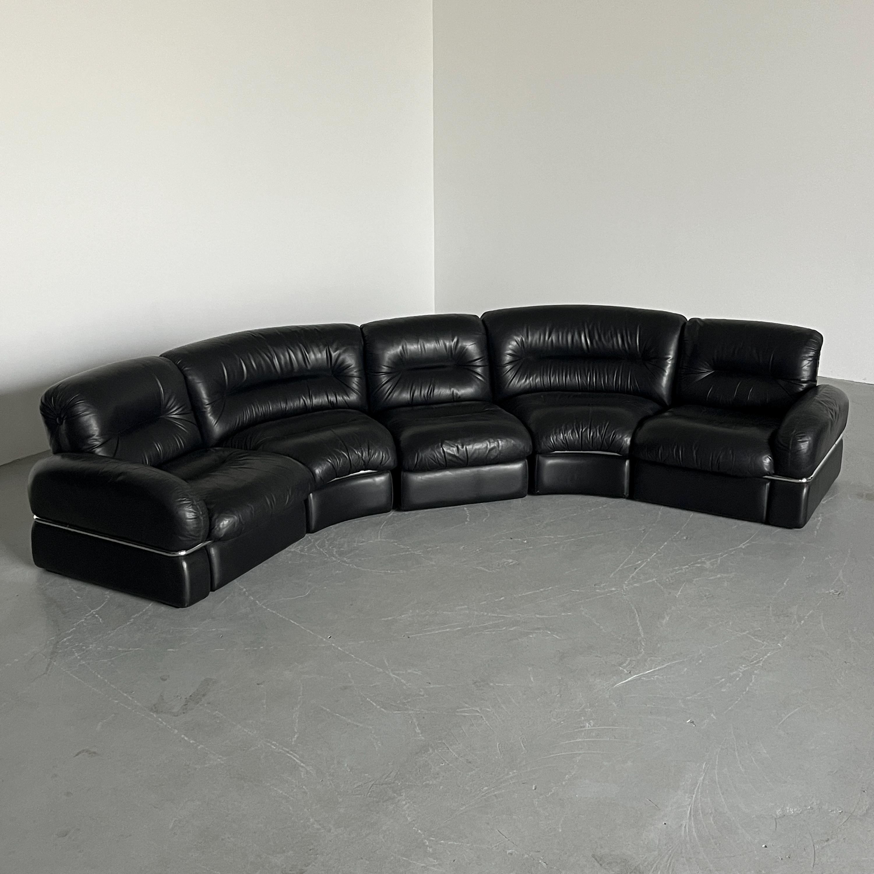 Elegant Italian Curved Leather Sofa with Chromed Frame
