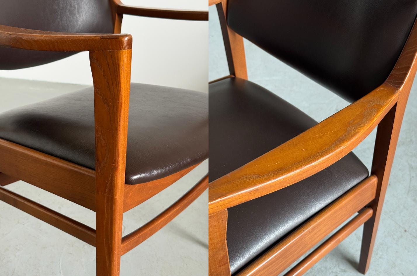 Armchairs in Walnut Stained Wood and Faux Leather
