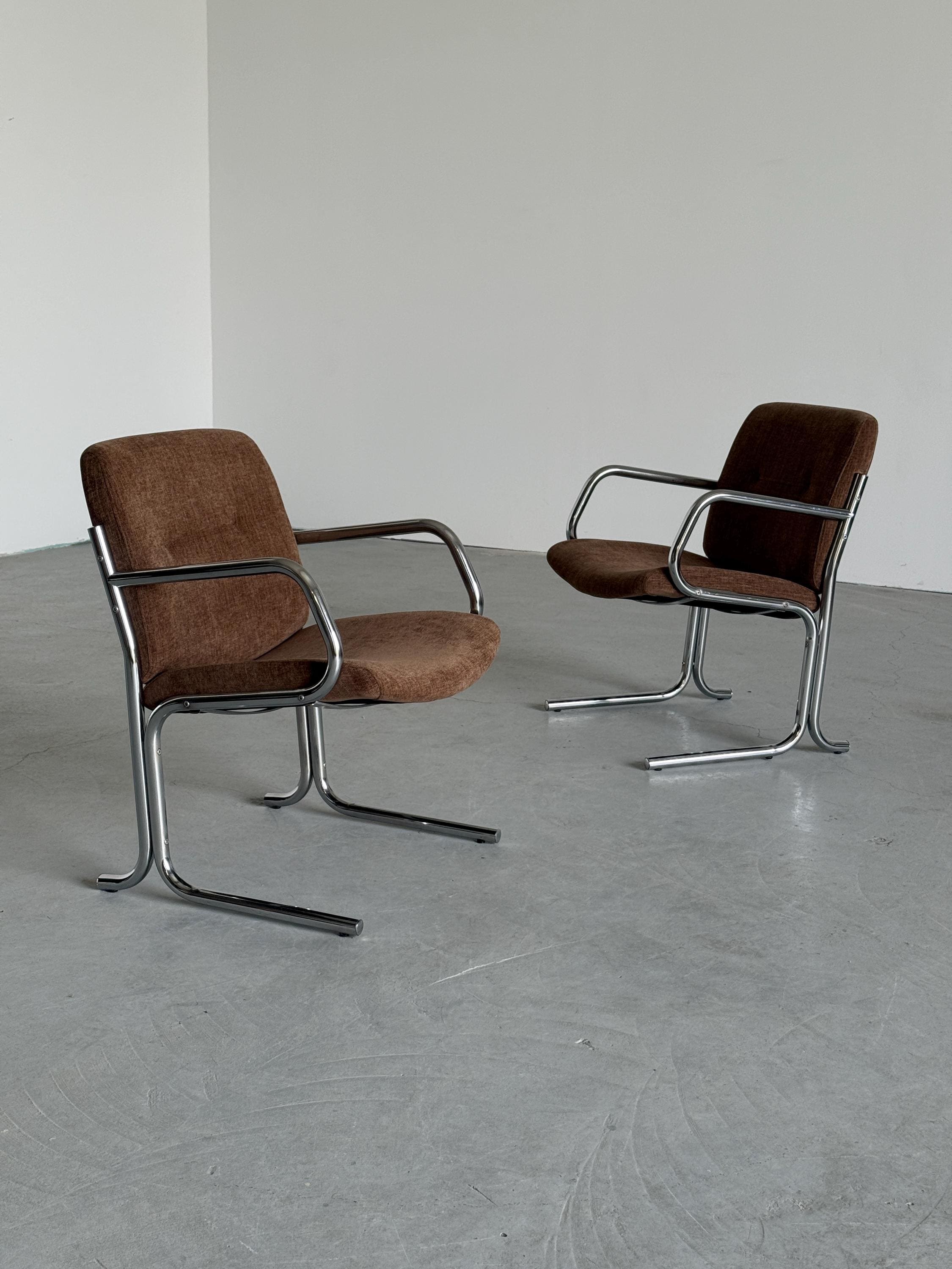Mid-Century Chromed Cantilever Armchairs