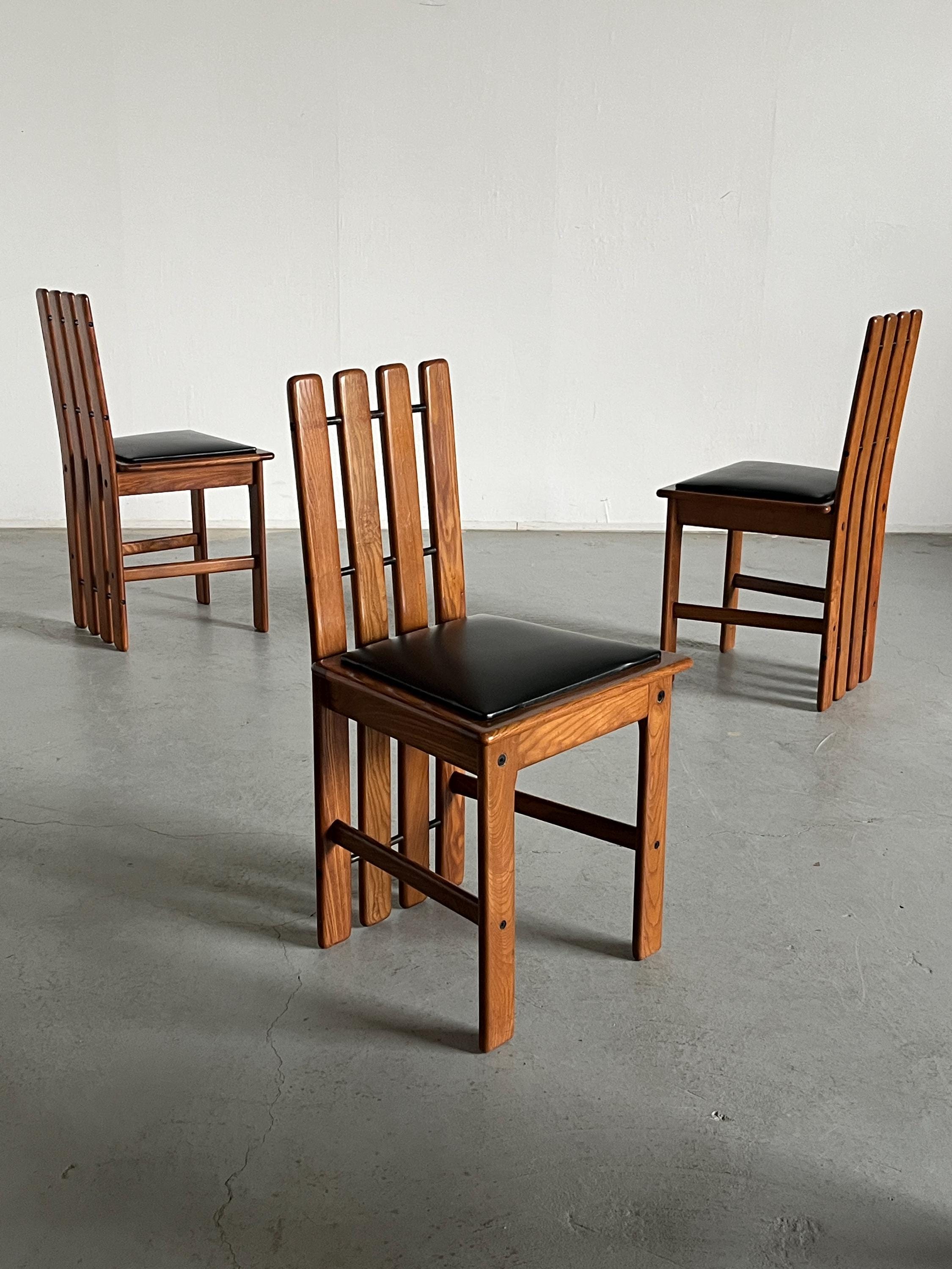Dining Chairs in Wood and Black Leather