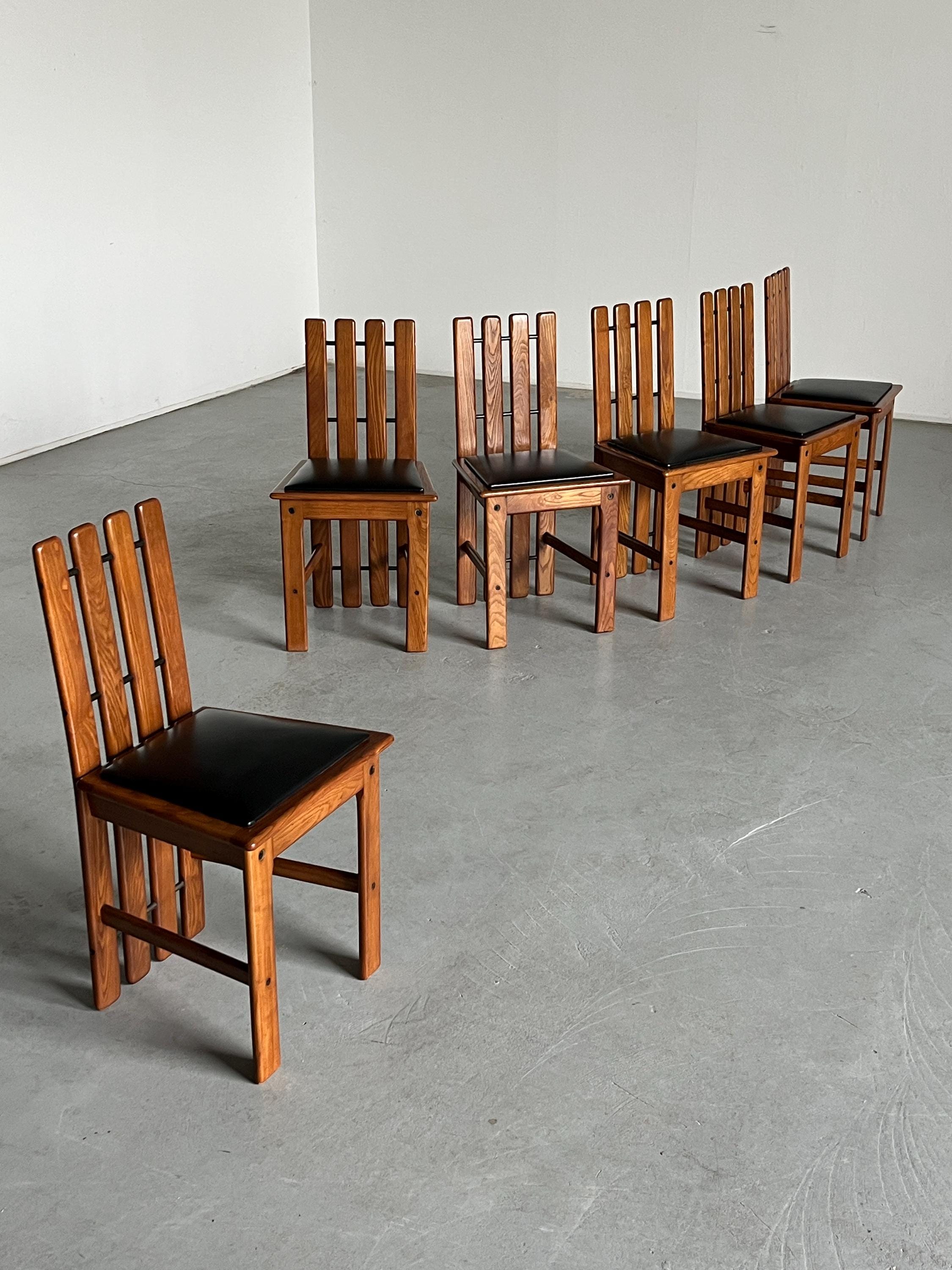 Dining Chairs in Wood and Black Leather