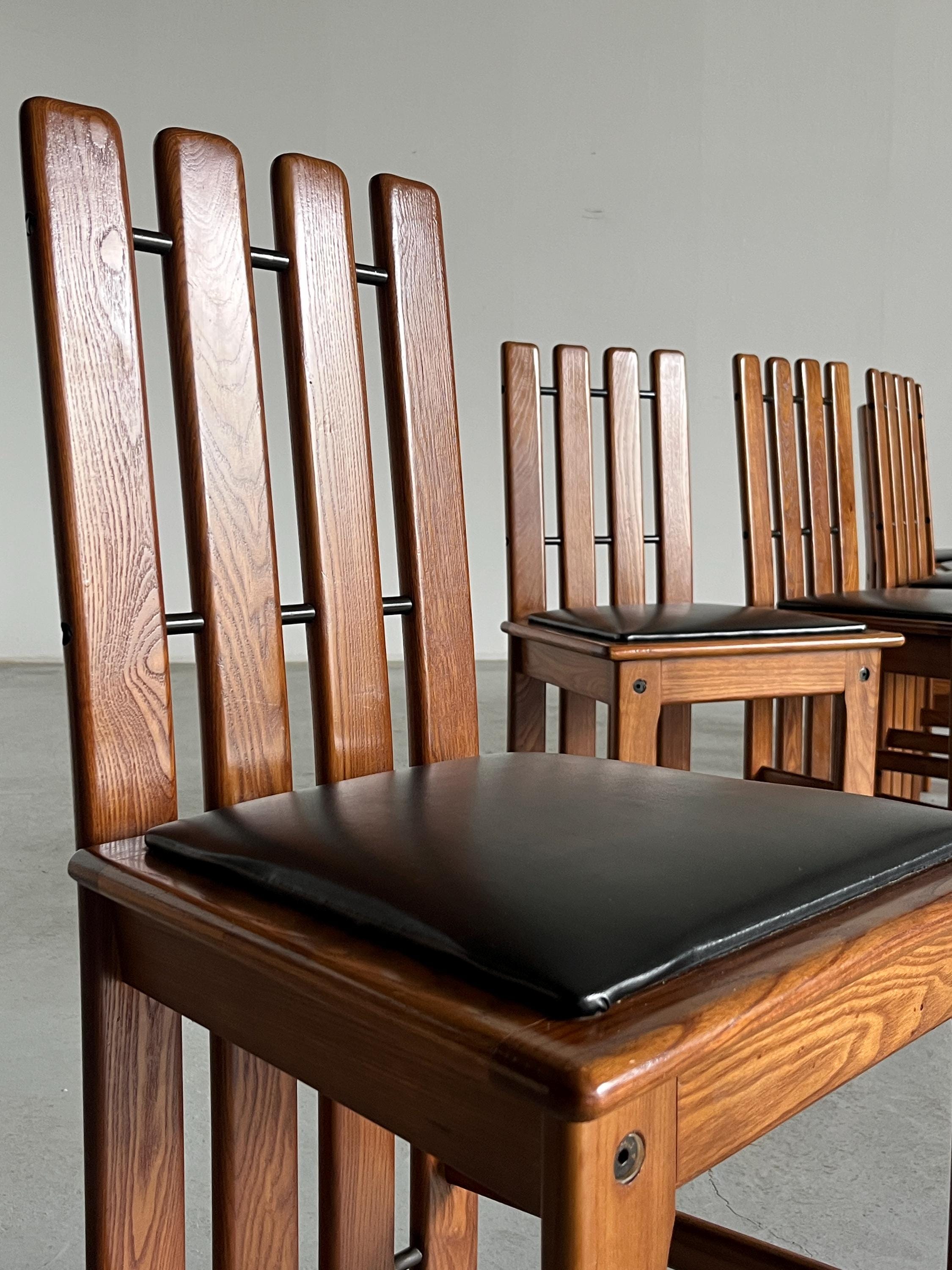 Dining Chairs in Wood and Black Leather