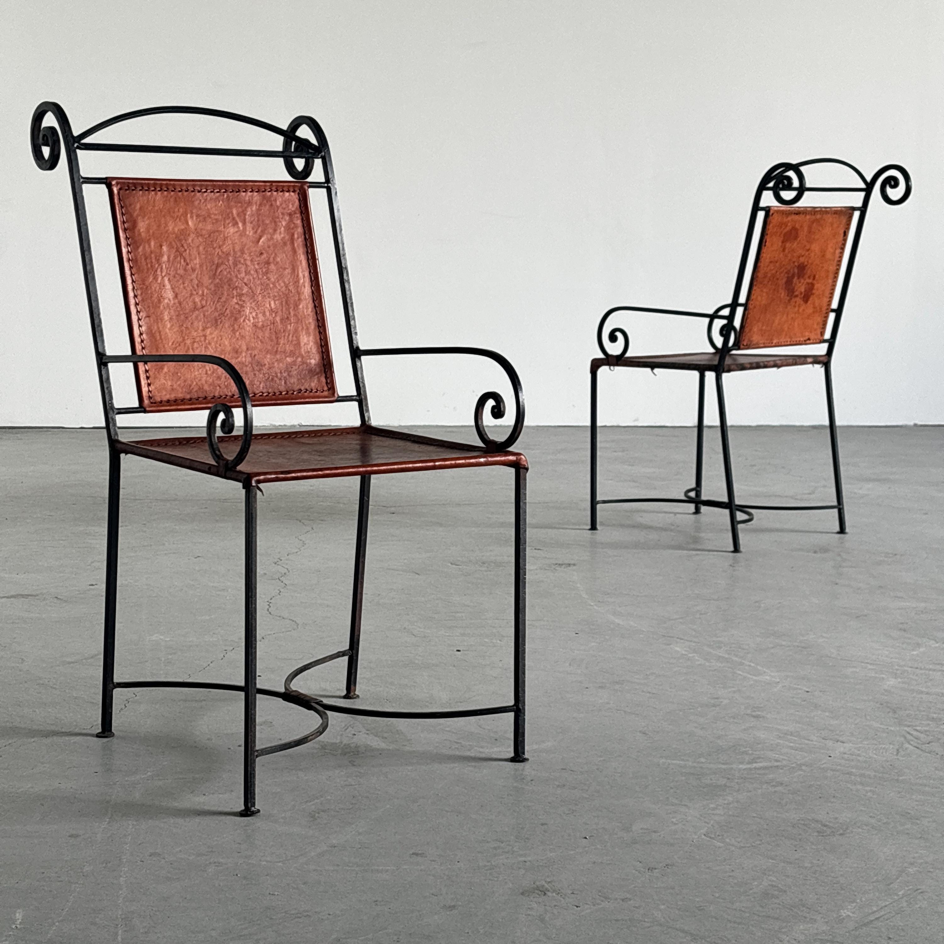 Wrought Iron and Cognac Leather Armchairs